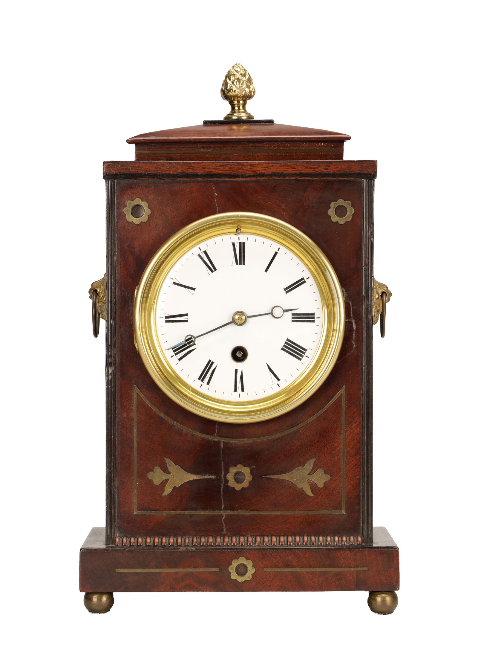 A 19TH CENTURY BRASS INLAID MAHOGANY MANTEL CLOCK (1 of 11)