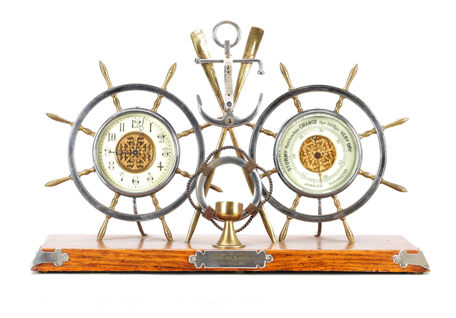 AN EARLY 20TH CENTURY BRASS AND CHROMED METAL NAUTICAL CLOCK AND ANEROID BAROMETER DESK COMPENDIUM (1 of 10)