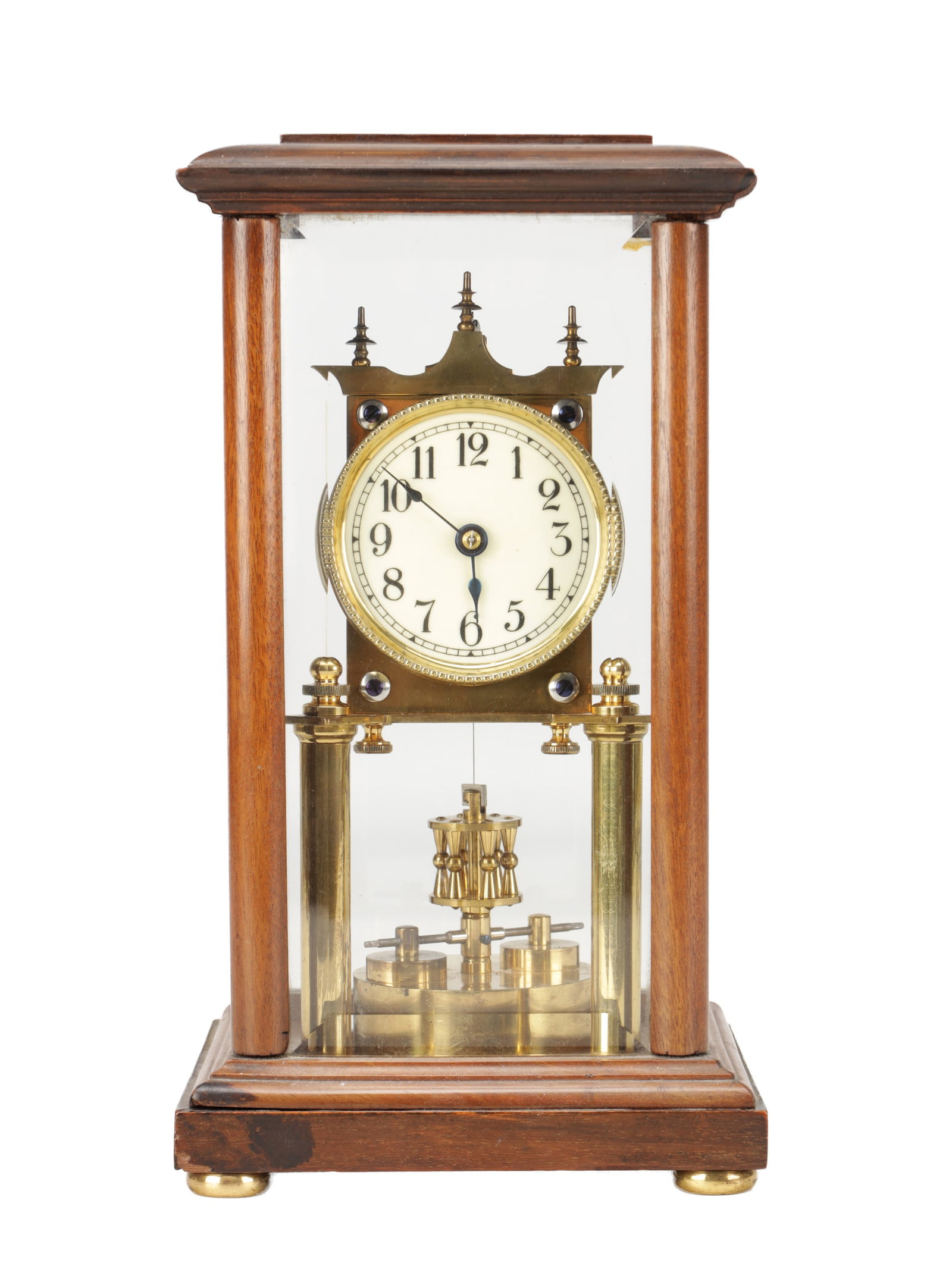 AN EARLY 20TH CENTURY BRASS AND GLASS 400-DAY TORSION CLOCK IN A GLAZED WOOD CASE (1 of 10)