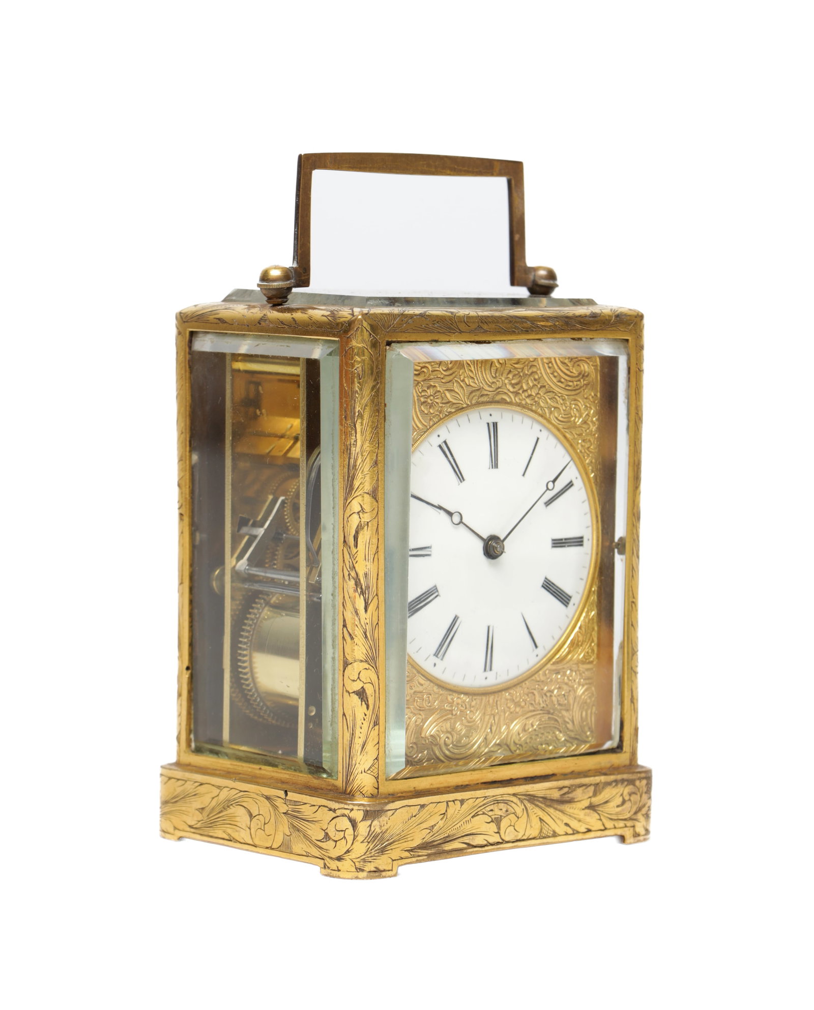 A 19TH CENTURY FRENCH ENGRAVED GILT-BRASS ONE-PIECE CASE STRIKING CARRIAGE CLOCK (1 of 8)