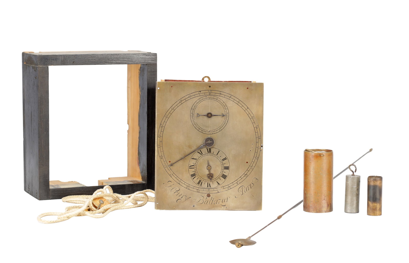 HENRY BALTAZAR, PARIS. A RARE EARLY 18TH CENTURY REGULATOR VERGE CLOCK MOVEMENT: HENRY BALTAZAR, PARIS. A RARE EARLY 18TH CENTURY REGULATOR VERGE CLOCK MOVEMENT of rectangular brass dial plate with large outer minute chapter, subsidiary seconds at twelve and Roman hour dial at six