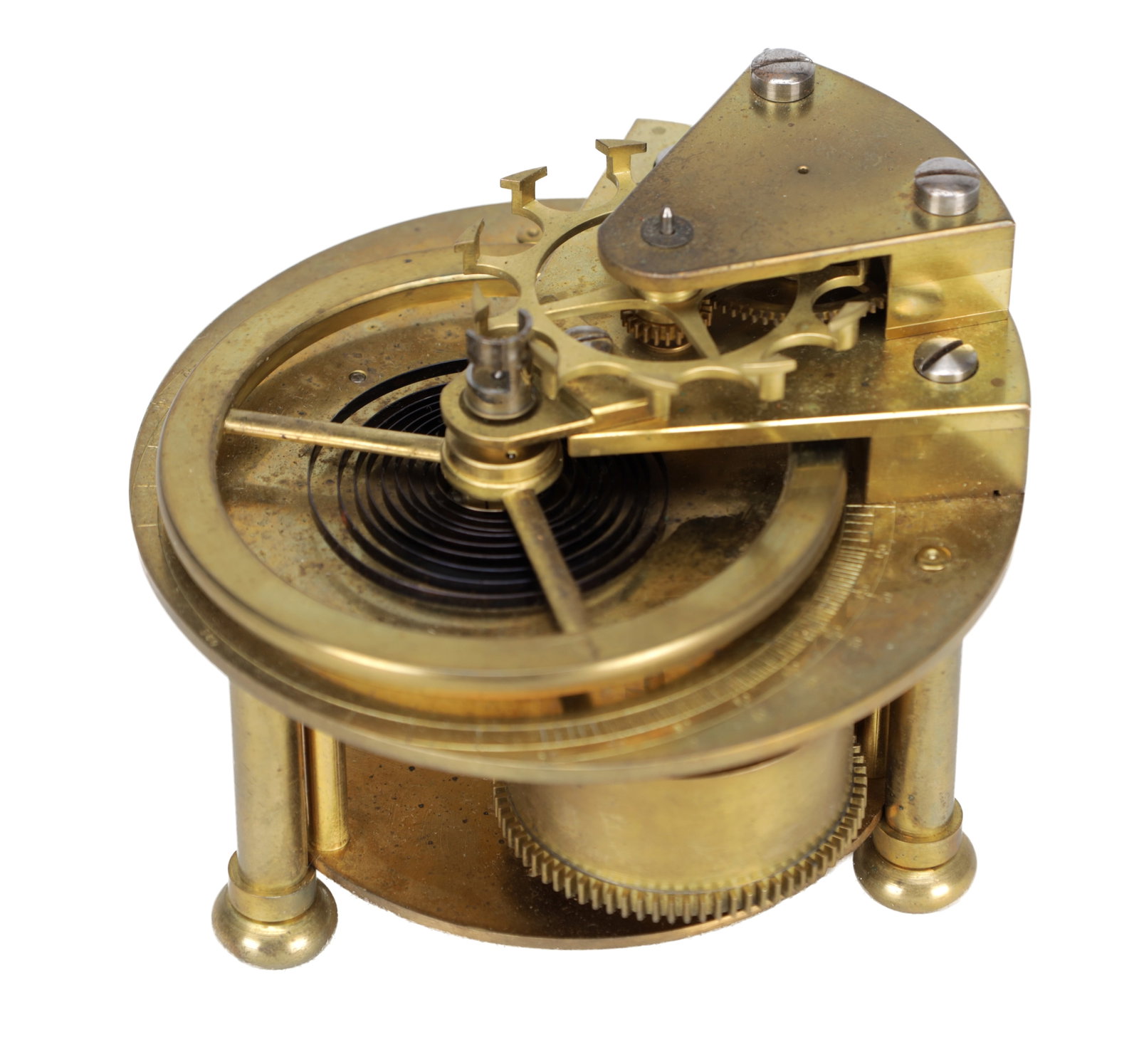 A LATE 19TH CENTURY BRASS SPRING-DRIVEN MODEL OF A WORKING CYLINDER ESCAPEMENT (1 of 8)