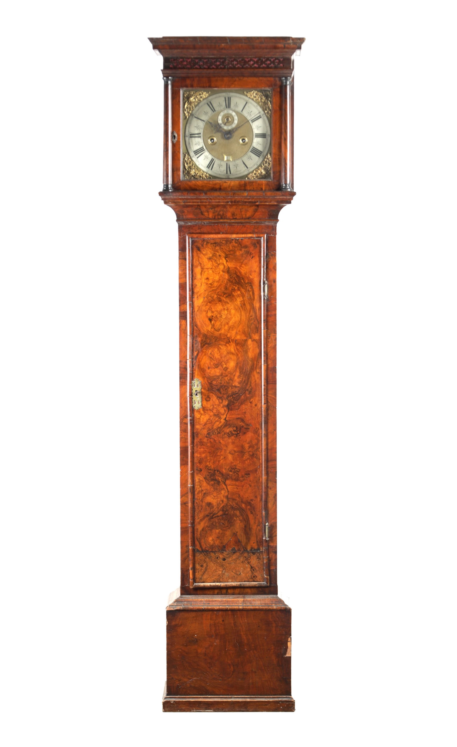 JOSHUA WILLSON, LONDON. A LATE 17TH CENTURY BURR WALNUT LONGCASE CLOCK WITH 11 INCH BRASS DIAL (1 of 6)