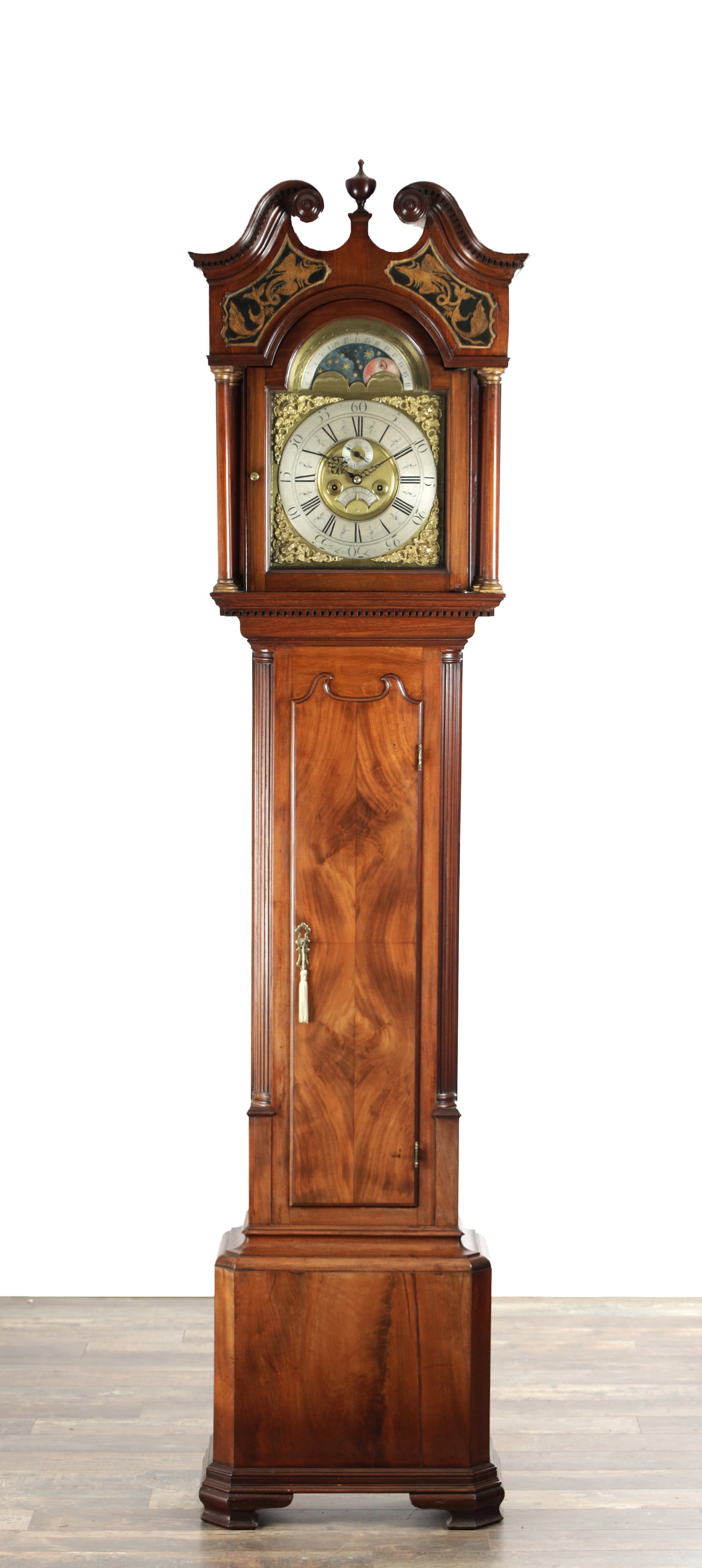 THOMAS LISTER, LUDDENDEN. A GEORGE III FIGURED MAHOGANY LONGCASE CLOCK WITH MOONPHASE (1 of 9)