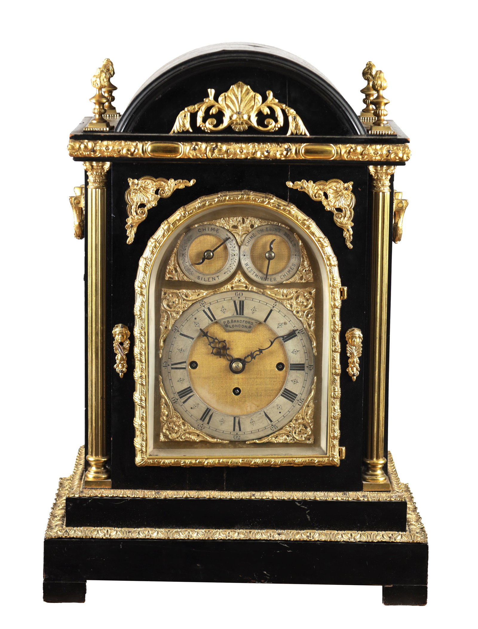 PB BRADFORD, LONDON, A LARGE LATE 19TH CENTURY ORMOLU MOUNTED EBONISED QUARTER CHIMING BRACKET CLOCK (1 of 15)