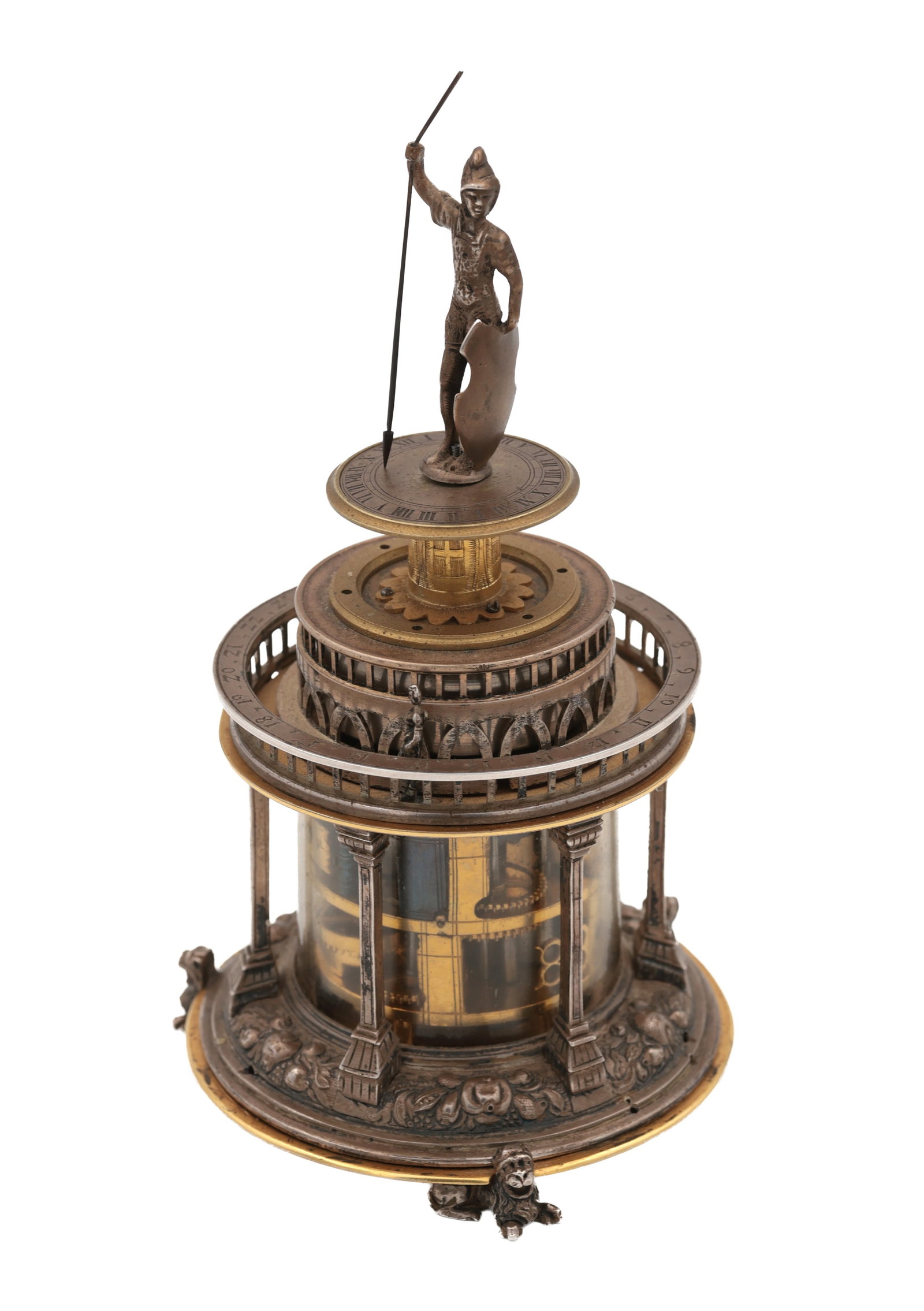 AN EARLY 17TH CENTURY SILVER AND GILT PENDULE A CERCLES TOURNANTS CLOCK WITH FIGURAL FINIAL (1 of 18)