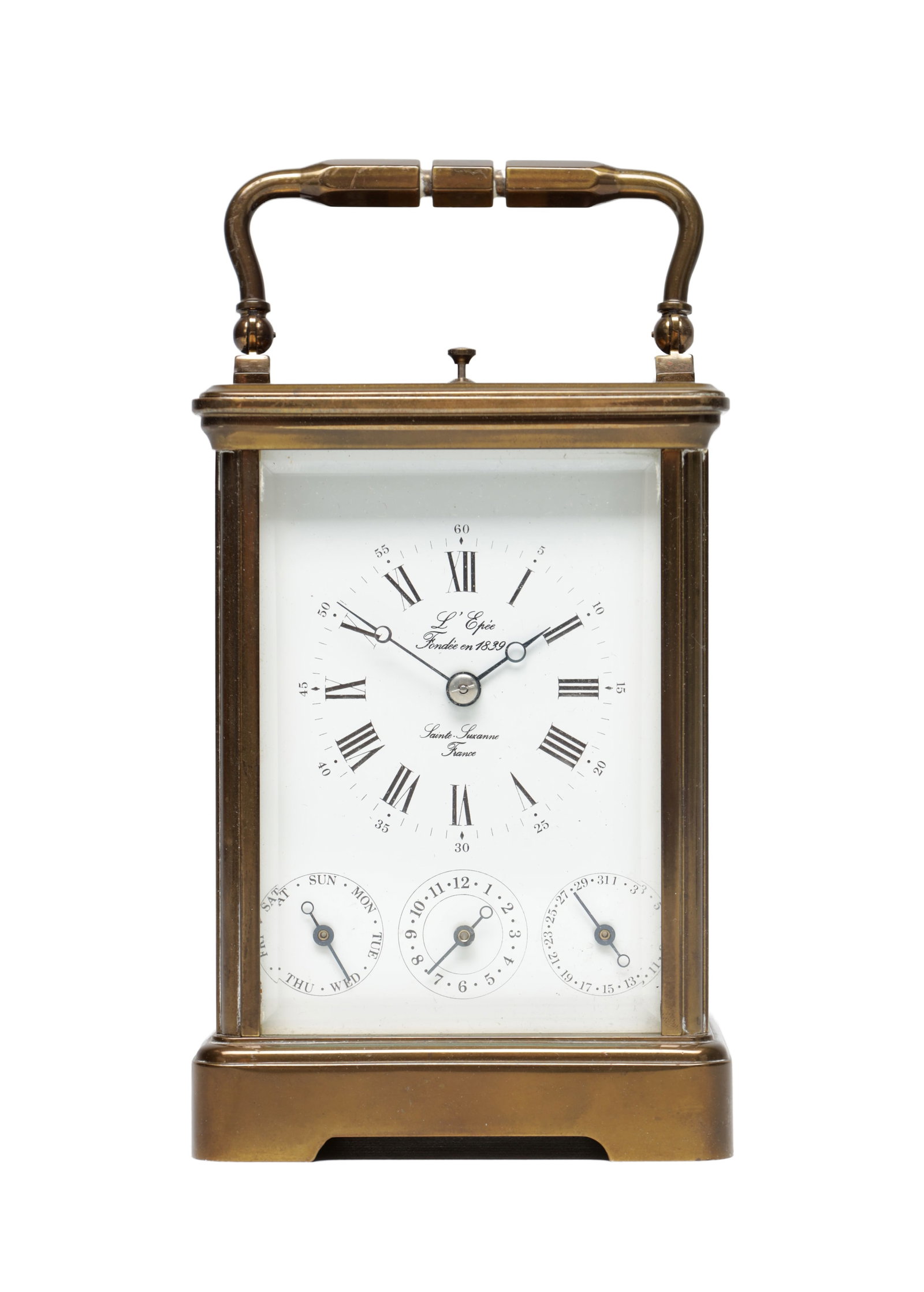 L'EPEE. A 20TH CENTURY FRENCH BRASS REPEATING CARRIAGE CLOCK WITH CALENDAR AND ALARM (1 of 8)