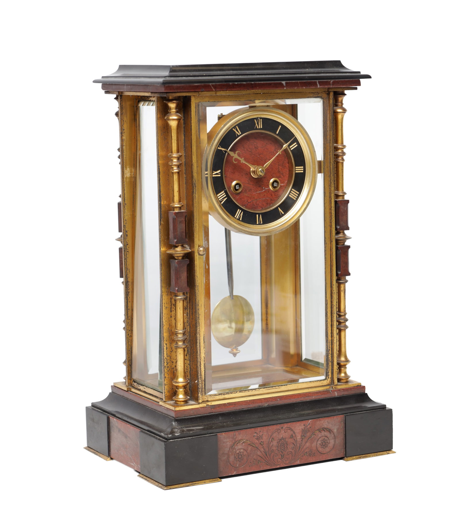 A LARGE 19TH CENTURY FRENCH ORMOLU AND BLACK AND ROUGE MARBLE FOUR-GLASS MANTEL CLOCK (1 of 8)