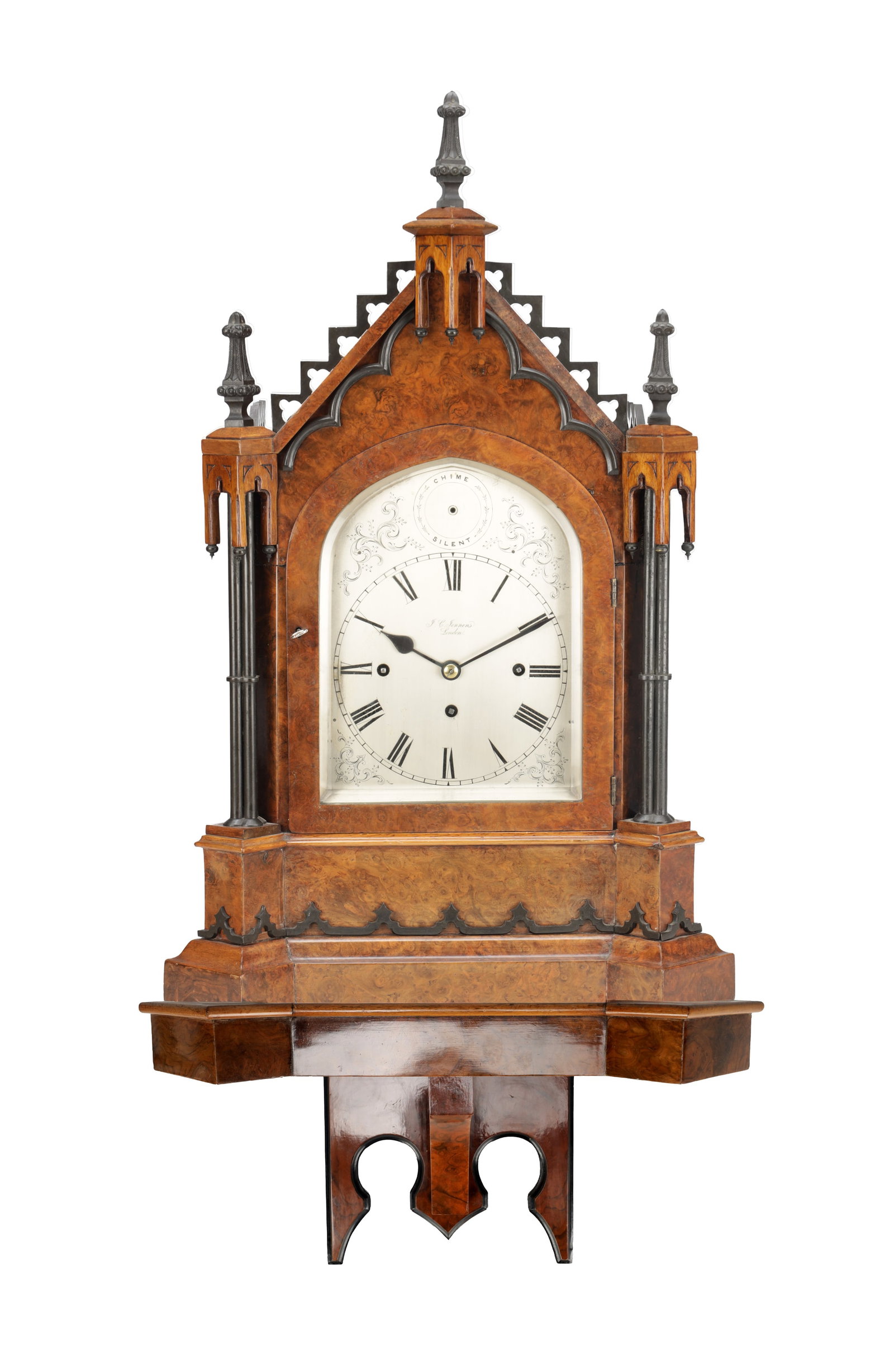 J.C. JENNENS, LONDON. A LATE 19TH CENTURY BURR WALNUT TRIPLE FUSEE QUARTER CHIMING BRACKET CLOCK: J.C. JENNENS, LONDON. A LATE 19TH CENTURY BURR WALNUT TRIPLE FUSEE QUARTER CHIMING BRACKET CLOCK with 7" silvered engraved dial fronting an eight day chain driven movement chiming the quarters on eigh