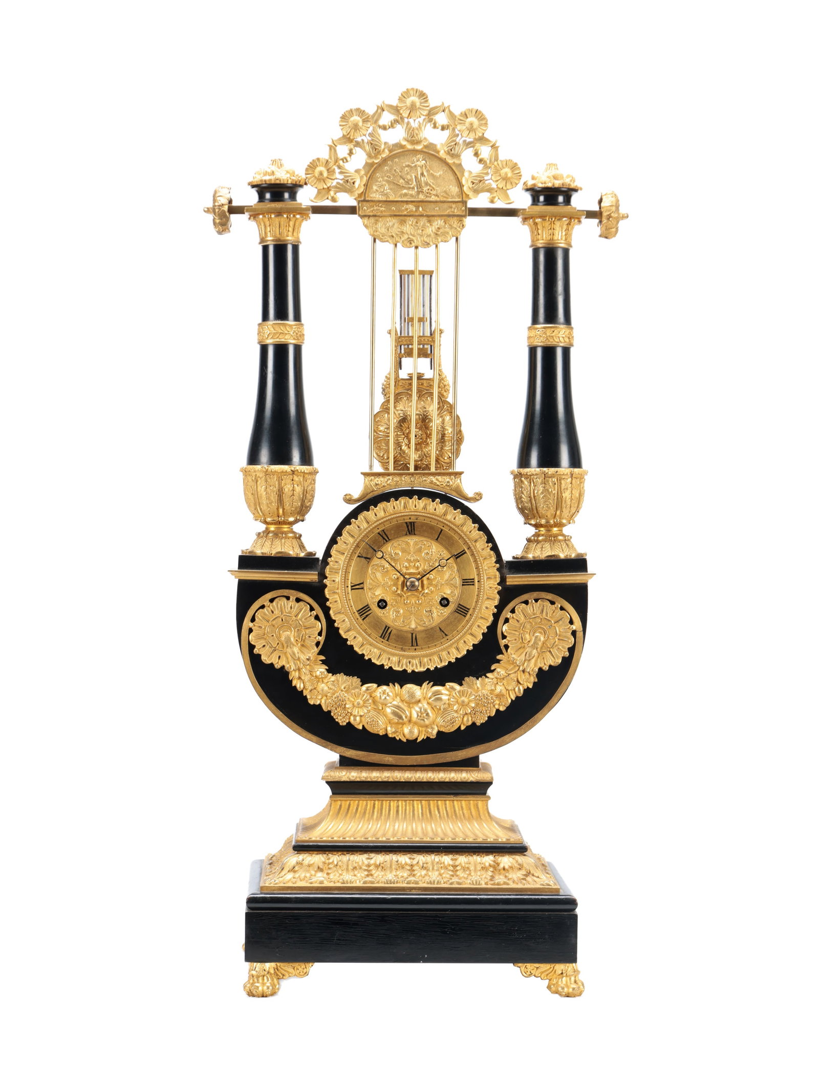 B. FRANCASTEL, PARIS. A MID 19TH CENTURY FRENCH LYRE SHAPED ORMOLU MOUNTED EBONISED MANTEL CLOCK (1 of 6)