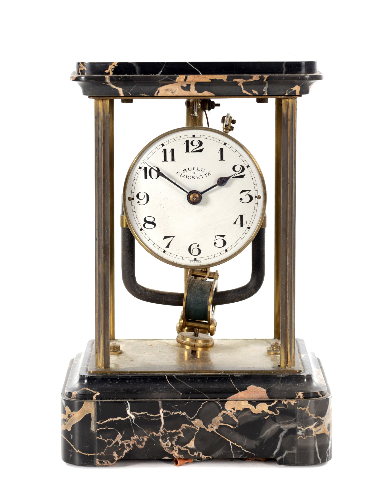 AN EARLY 20TH CENTURY FRENCH BRASS AND MARBLE BULLE CLOCKETTE ELECTRIC MANTEL CLOCK (1 of 8)
