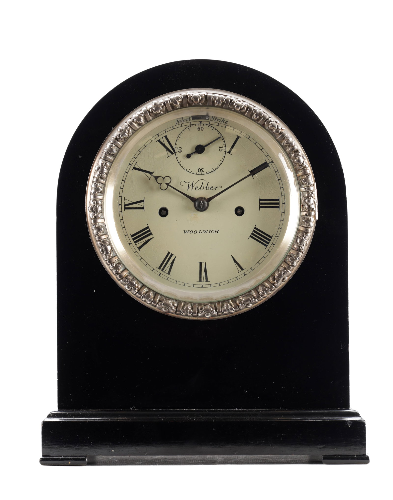 WEBBER, WOOLWICH A 19TH CENTURY EBONISED DOUBLE FUSEE MANTEL CLOCK: WEBBER, WOOLWICH A 19TH CENTURY EBONISED DOUBLE FUSEE MANTEL CLOCK the 5 inch painted Roman dial with subsidiary seconds and strike/silent to the top edge within a silvered cast bezel, the arched ebon