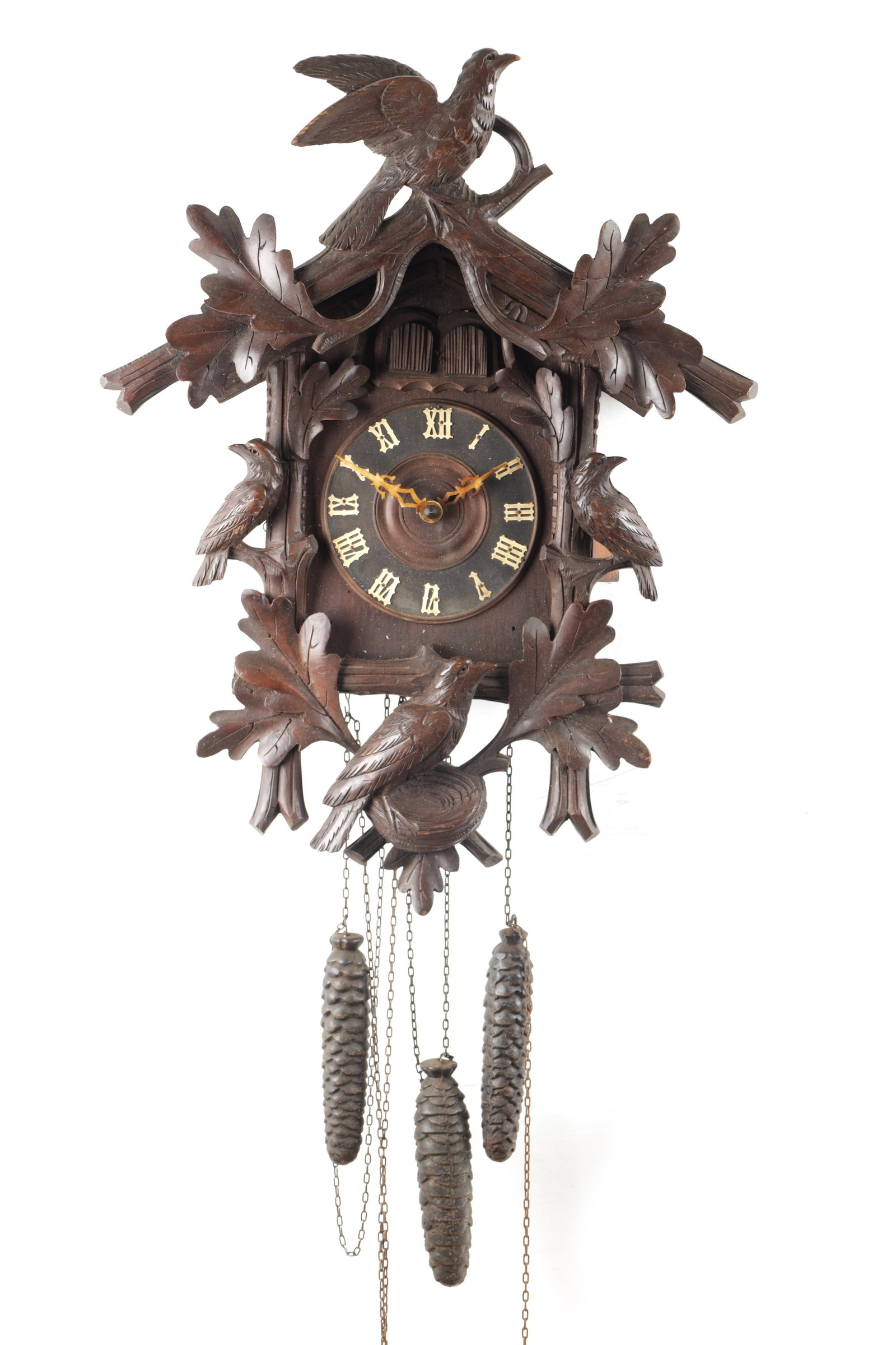 AN EARLY 20TH CENTURY BLACK FOREST CARVED LINDEN WOOD THREE WEIGHT CUCKOO/QUAIL WALL CLOCK (1 of 5)