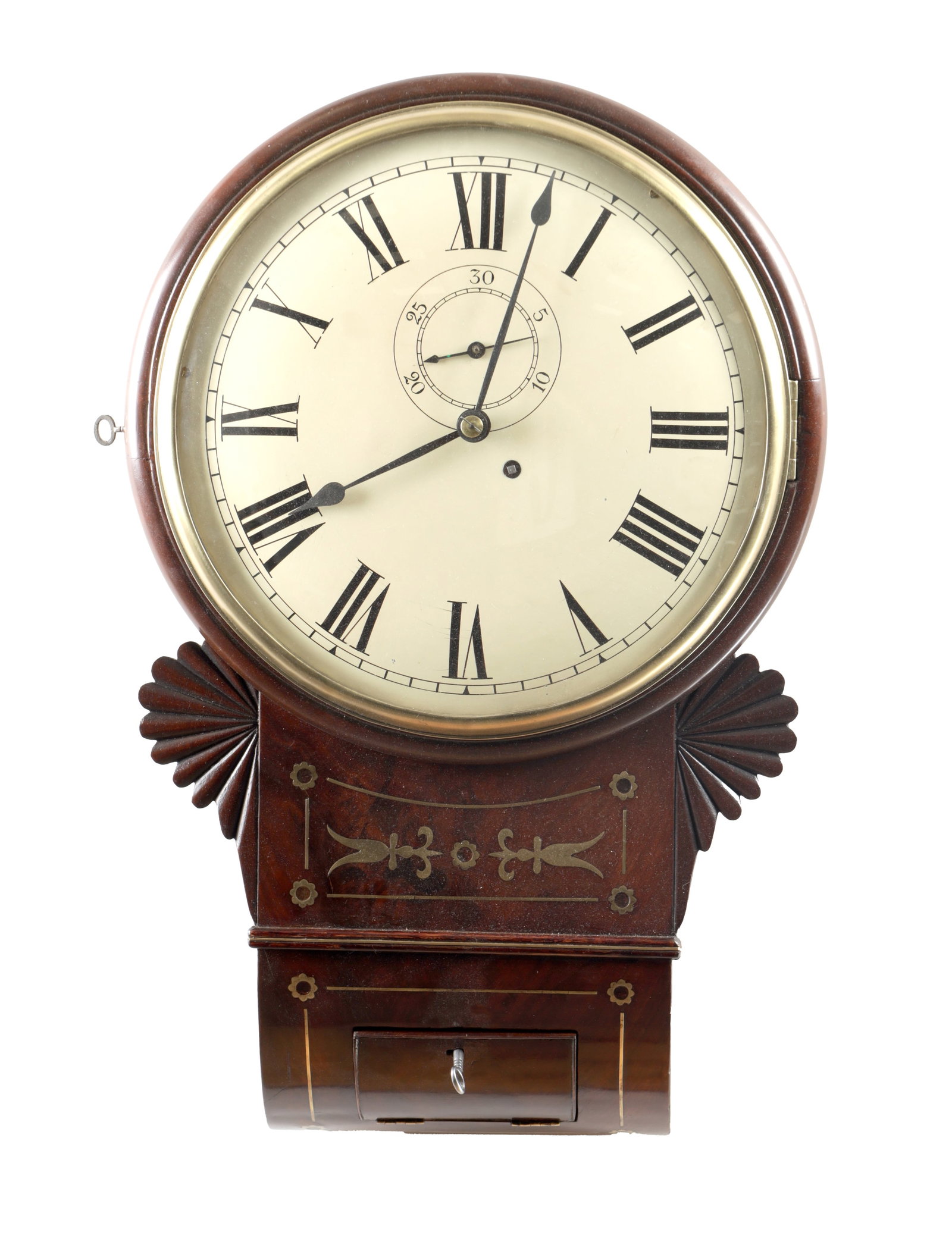 A REGENCY MAHOGANY BRASS INLAID CONVEX WALL CLOCK (1 of 6)