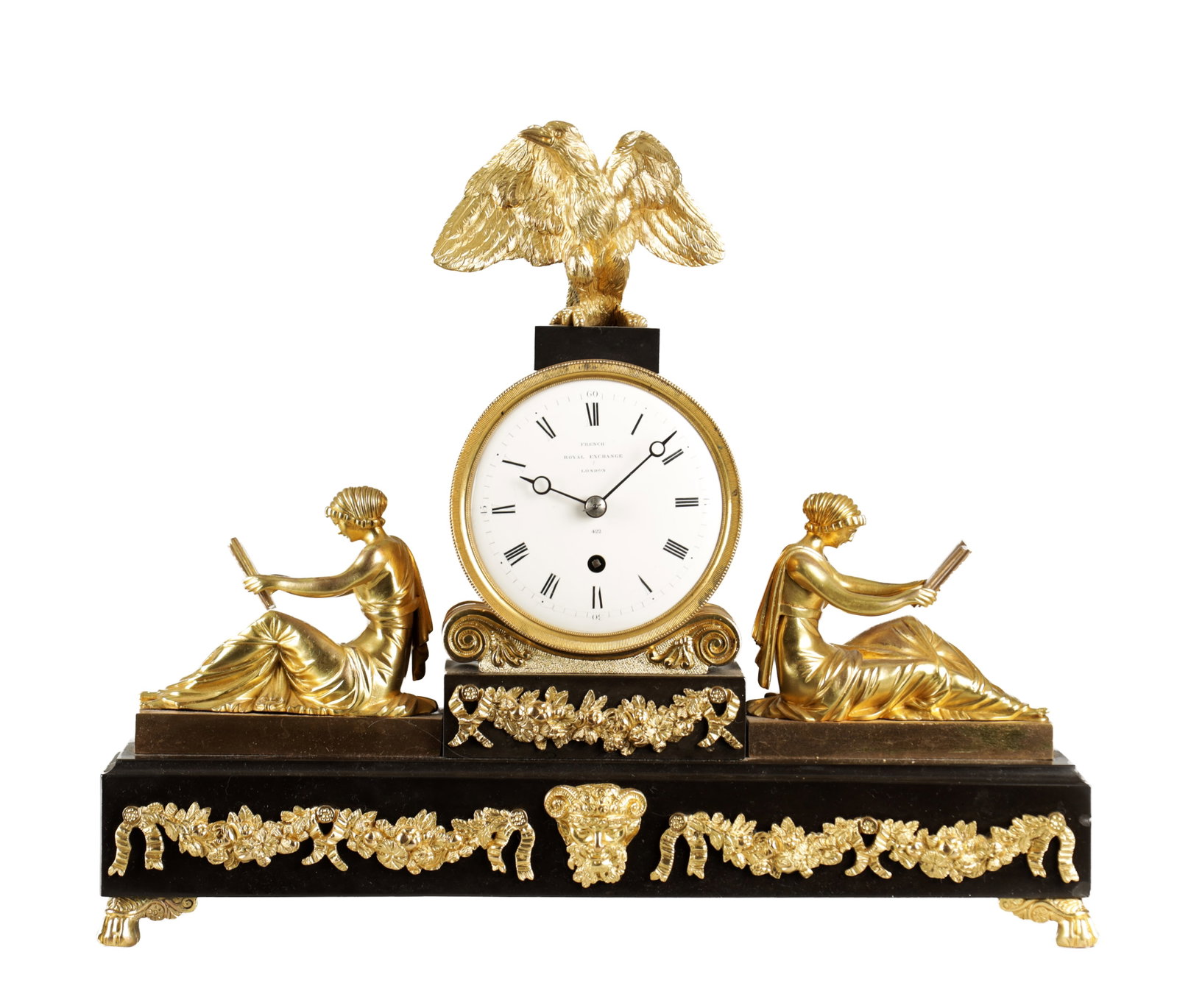 FRENCH, ROYAL EXCHANGE, LONDON, NUMBER 422. A REGENCY ENGLISH FUSEE GILT BRONZE MANTEL CLOCK (1 of 6)