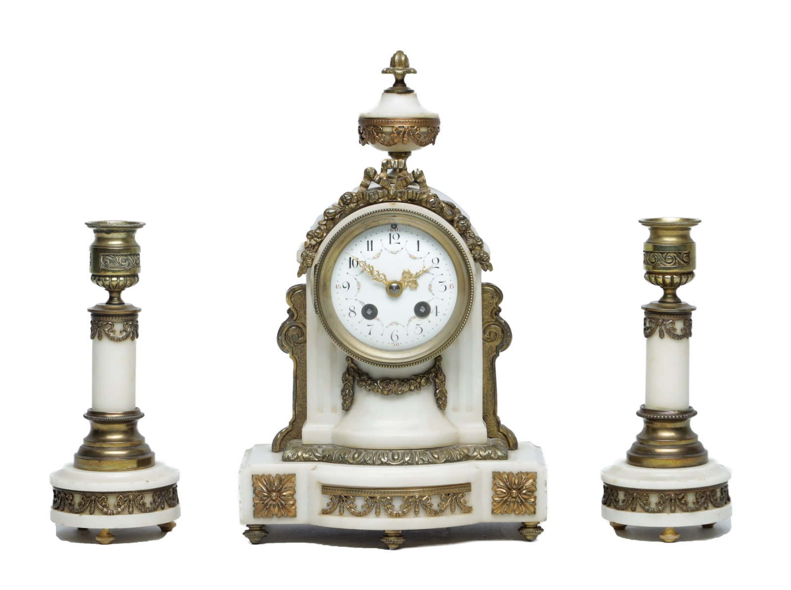 A LATE 19TH CENTURY FRENCH WHITE MARBLE AND ORMOLU MANTEL CLOCK GARNITURE (1 of 7)