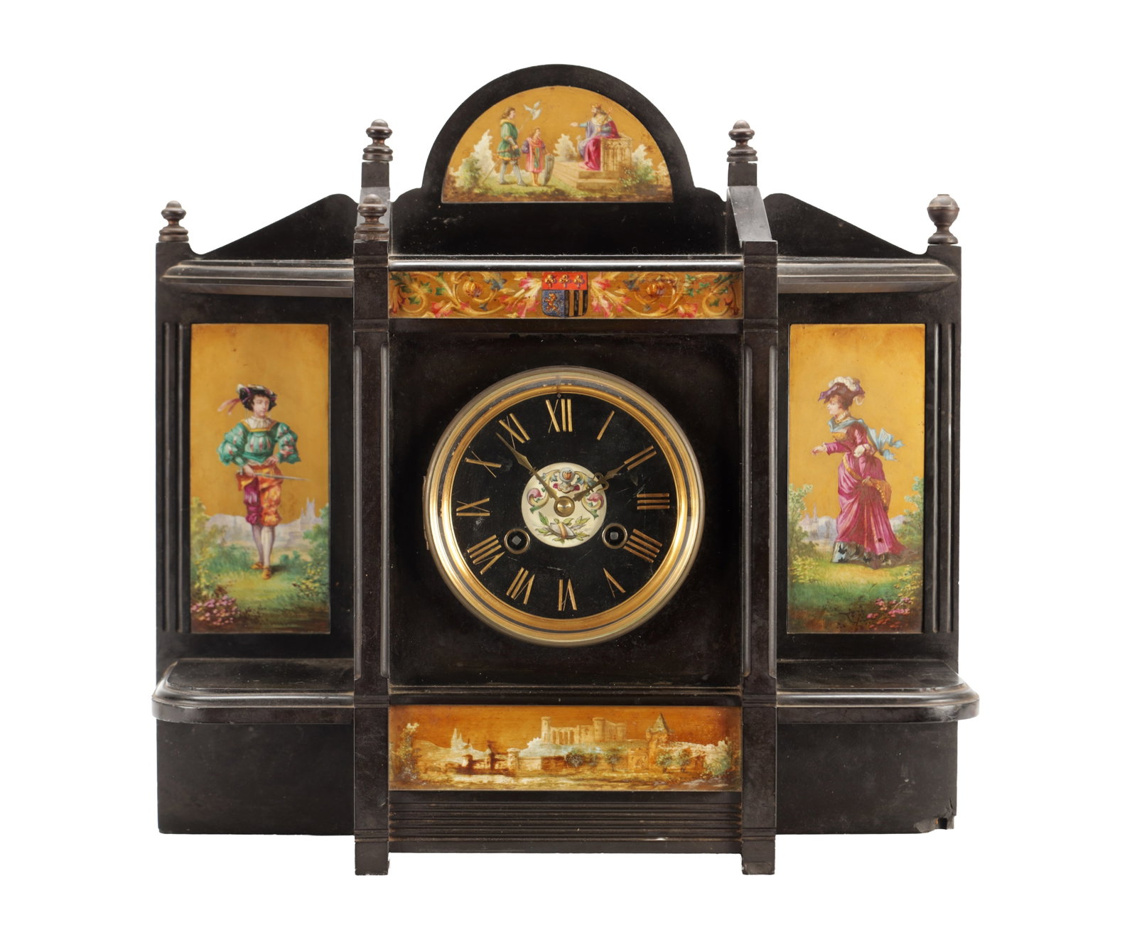 AN UNUSUAL 19TH CENTURY FRENCH BLACK MARBLE AND PORCELAIN PANELLED MANTEL CLOCK (1 of 7)