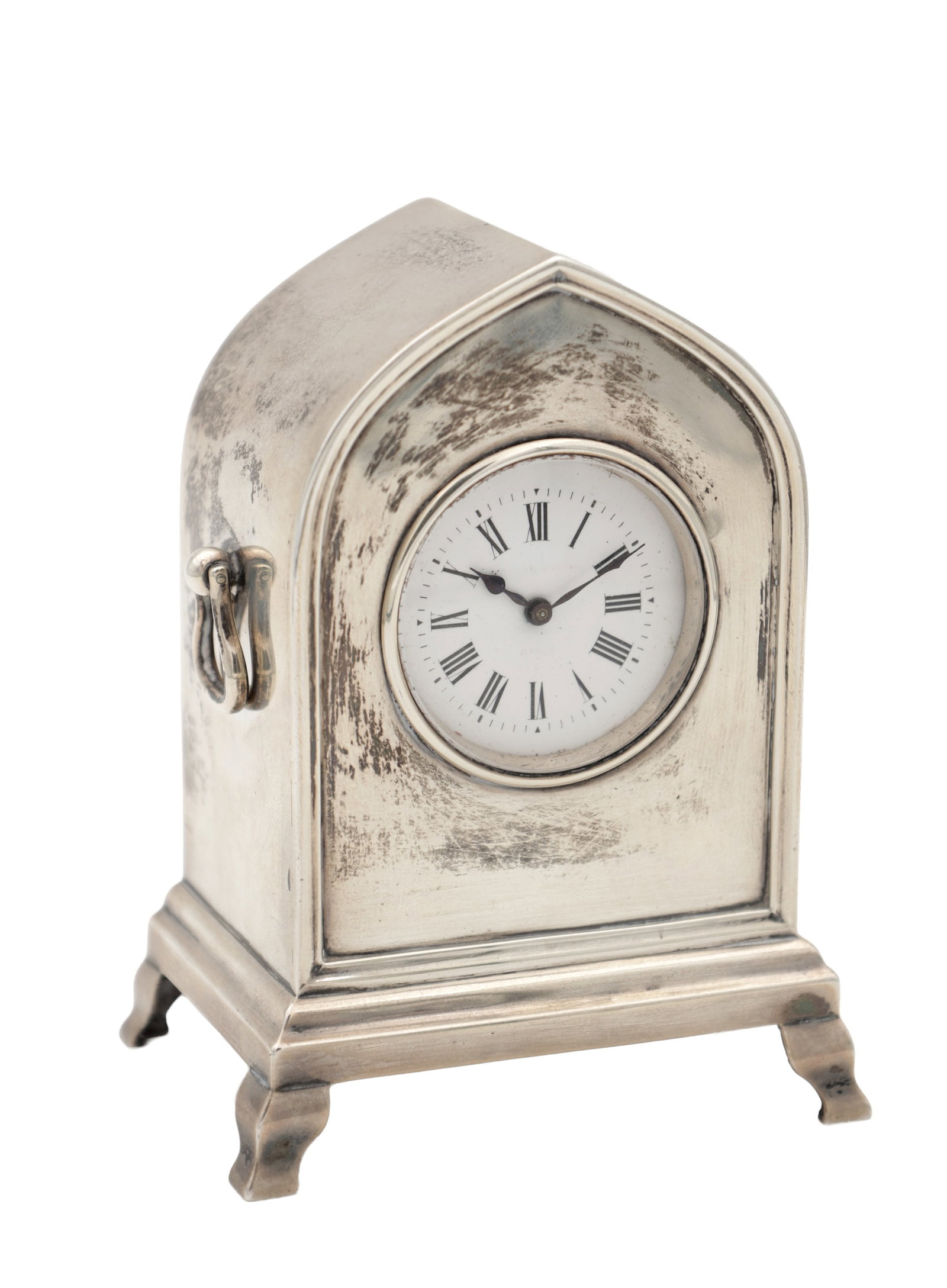AN EARLY 20TH CENTURY ENGLISH SILVER MINIATURE LANCET TOP MANTEL CLOCK (1 of 8)