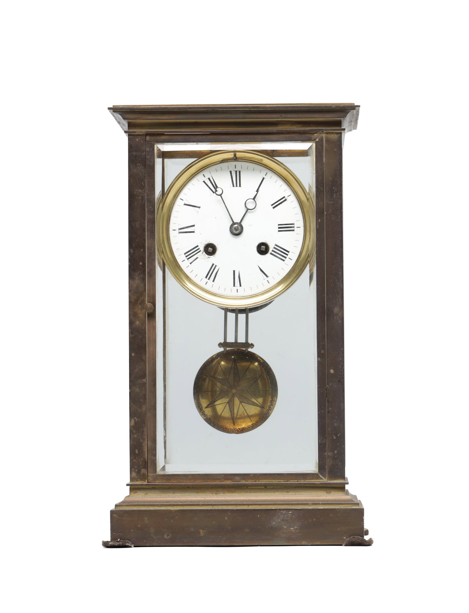 A 19TH CENTURY FRENCH BRASS FOUR GLASS MANTEL CLOCK (1 of 6)