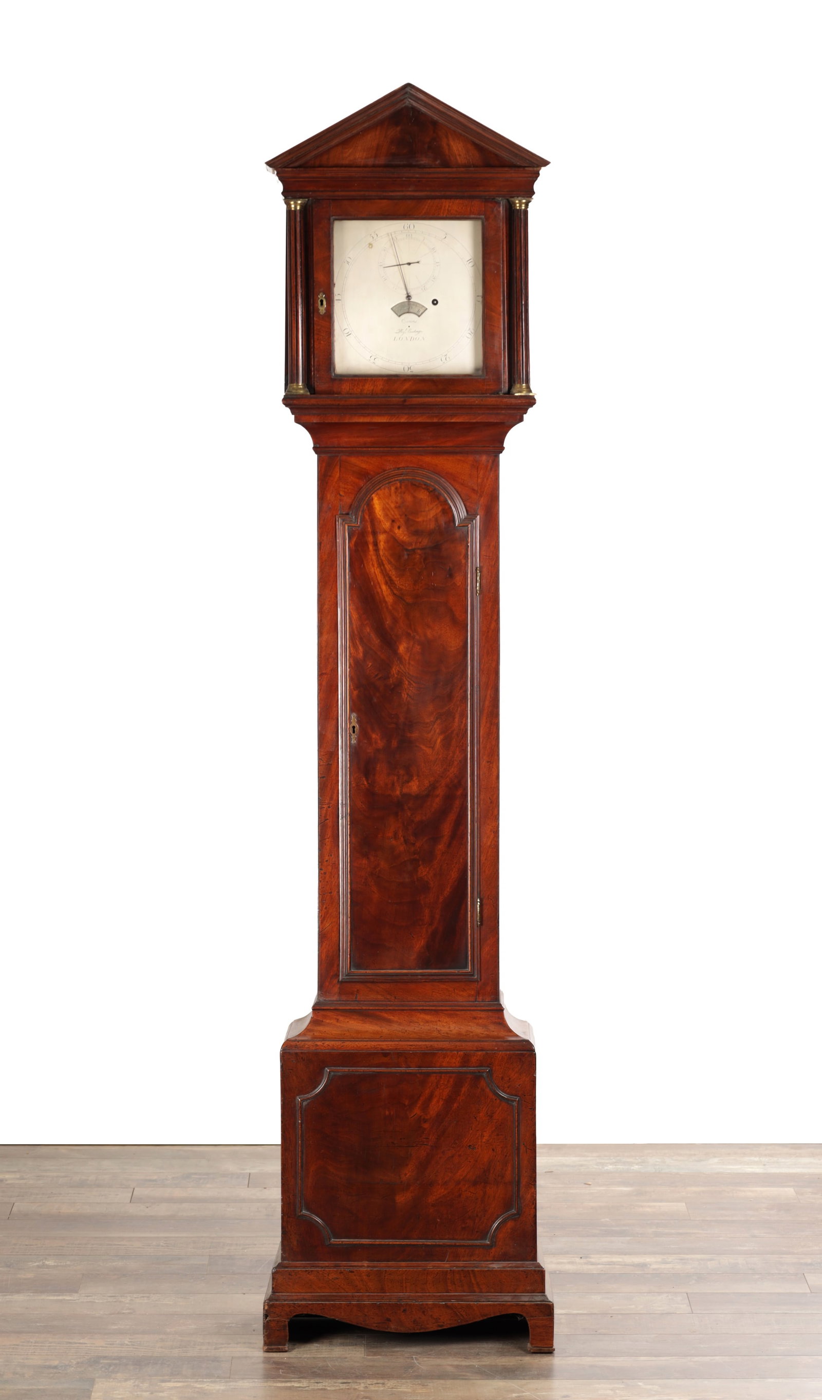 A GEORGE III FIGURED MAHOGANY REGULATOR LONGCASE CLOCK BY EVANS, ROYAL EXCHANGE, LONDON WITH 10 INCH (1 of 10)