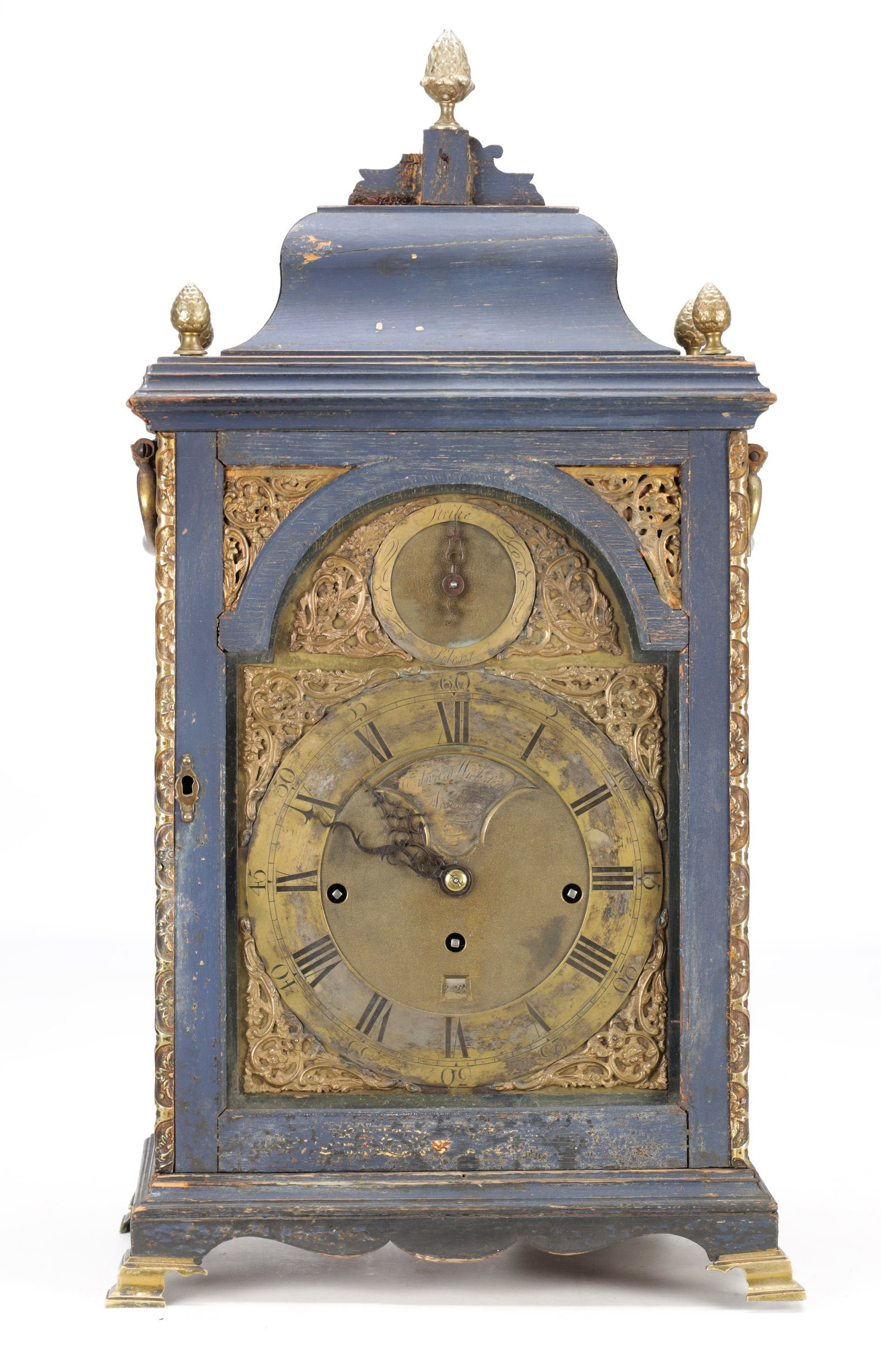 EDWARD WICKSTEED, LONDON. A RARE BLUE LACQUER CHINOISERIE QUARTER CHIMING VERGE BRACKET CLOCK (1 of 12)