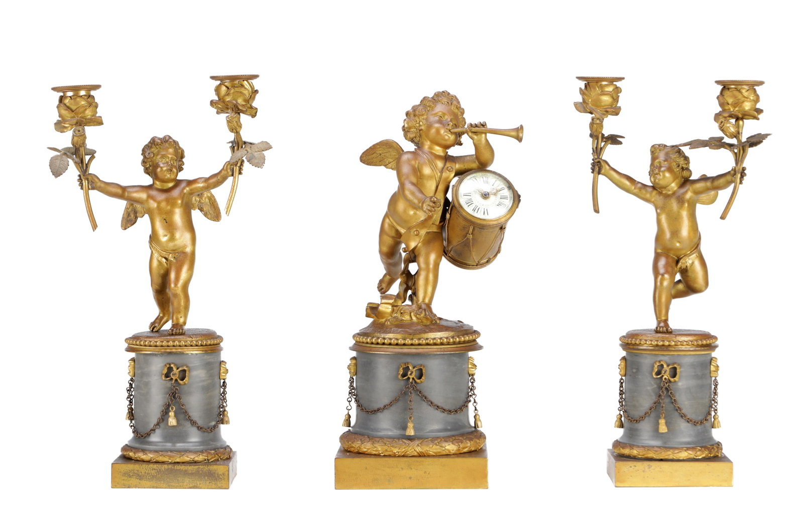 A THREE PIECE LATE 19TH CENTURY FRENCH GILT AND PATINATED BRONZE CLOCK GARNITURE (1 of 13)