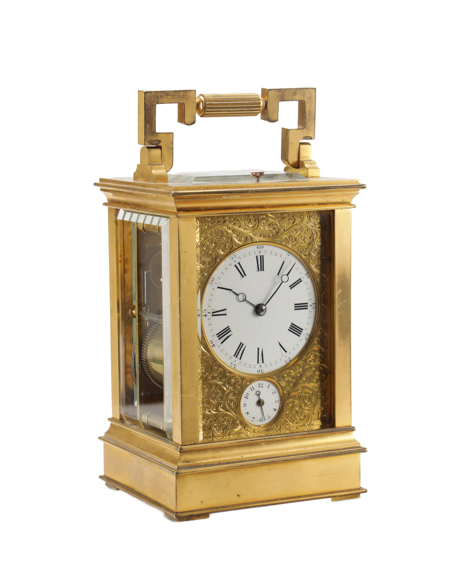 DROCOURT. A LATE 19TH CENTURY FRENCH GILT BRASS REPEATING CARRIAGE CLOCK WITH ALARM (1 of 9)