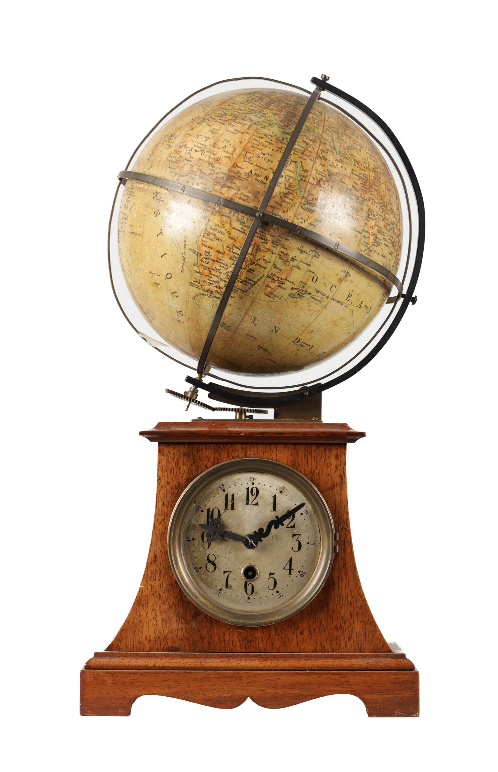A CIRCA 1910 GERMAN MAHOGANY REVOLVING GLOBE CLOCK (1 of 7)