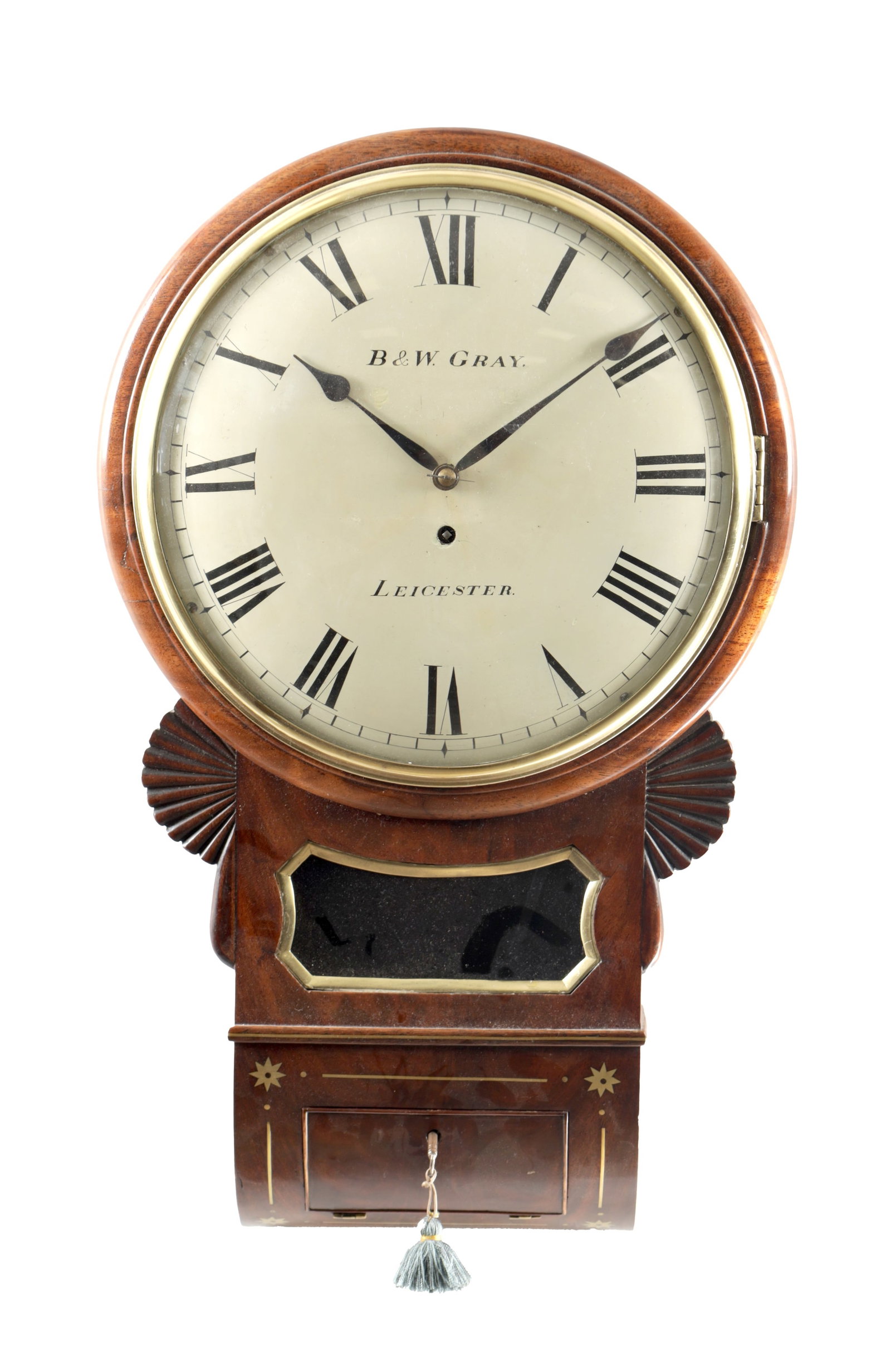 B & W. GRAY, LEICESTER. A LATE REGENCY BRASS INLAID FIGURED MAHOGANY DROP DIAL WALL CLOCK (1 of 7)