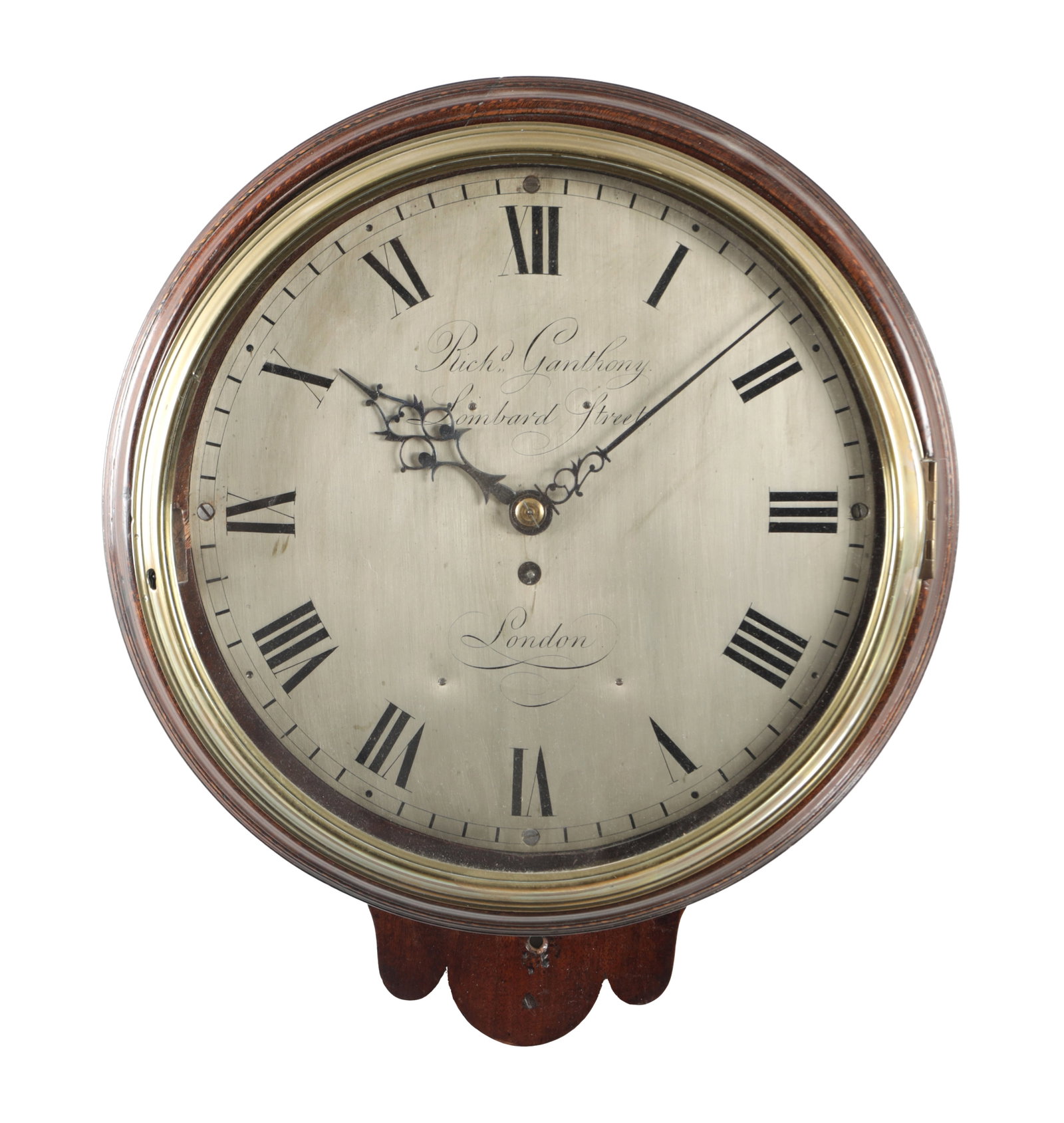 RICHARD GANTHONY, LOMBARD STREET, LONDON. A GEORGE III MAHOGANY SILVERED DIAL VERGE DIAL CLOCK (1 of 4)