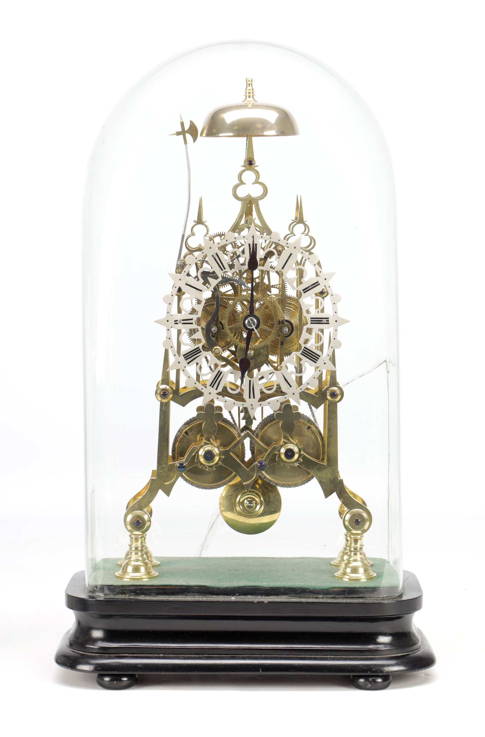 A LATE 19TH CENTURY ENGLISH BRASS DOUBLE FUSEE STRIKING SKELETON CLOCK (1 of 9)