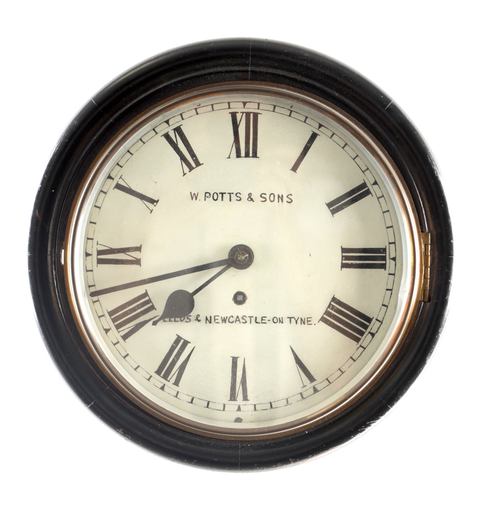 W. POTTS & SONS, LEEDS & NEWCASTLE-ON-TYNE, AN EARLY 20TH CENTURY EBONISED 10 INCH FUSEE WALL CLOCK (1 of 4)