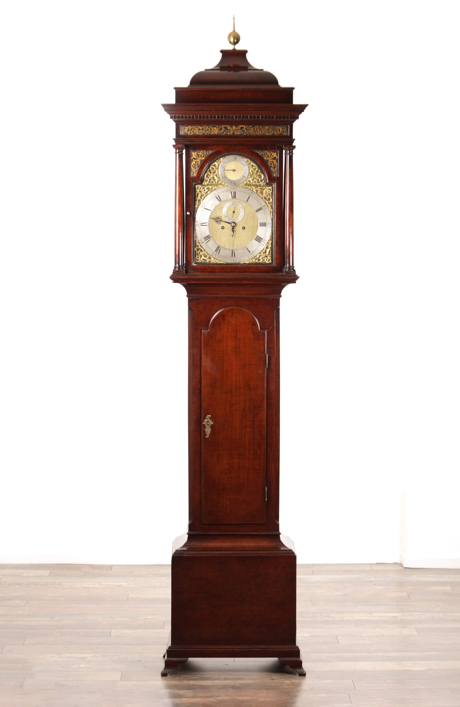HINDLEY (HENRY) YORK A GEORGE II CUBAN MAHOGANY 8-DAY LONGCASE CLOCK: HINDLEY (HENRY) YORK A GEORGE II CUBAN MAHOGANY 8-DAY LONGCASE CLOCK the arched 12-inch brass dial with fine rococo spandrels, silvered Roman chapter ring with Arabic minute markings, matted centre an