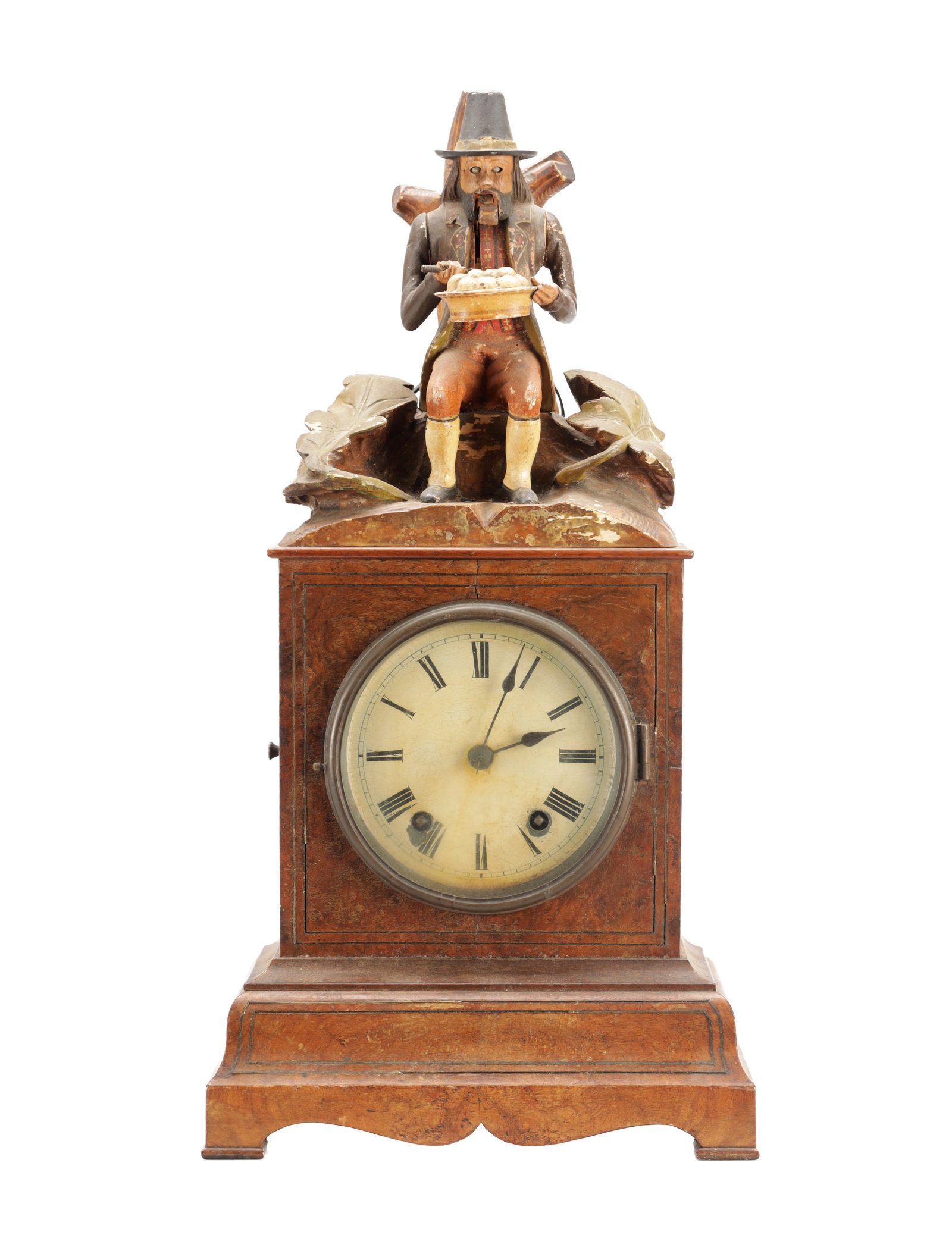 A RARE 19TH CENTURY BLACK FOREST FIGURED WALNUT AUTOMATON "DUMPLING EATER" MANTEL CLOCK (1 of 11)