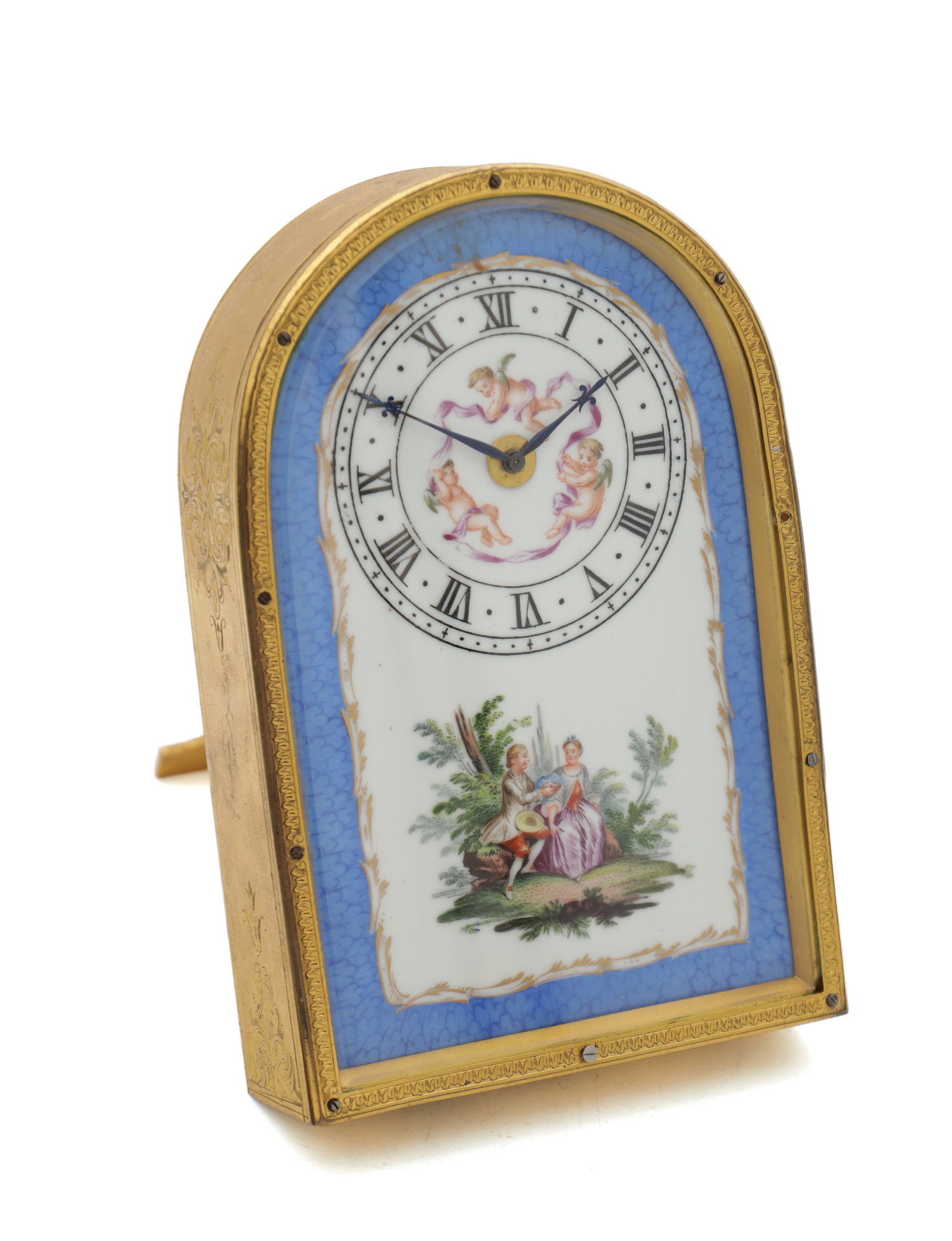 A 19TH CENTURY THOMAS COLE STYLE GILT BRASS STRUT CLOCK WITH PAINTED PORCELAIN DIAL (1 of 4)