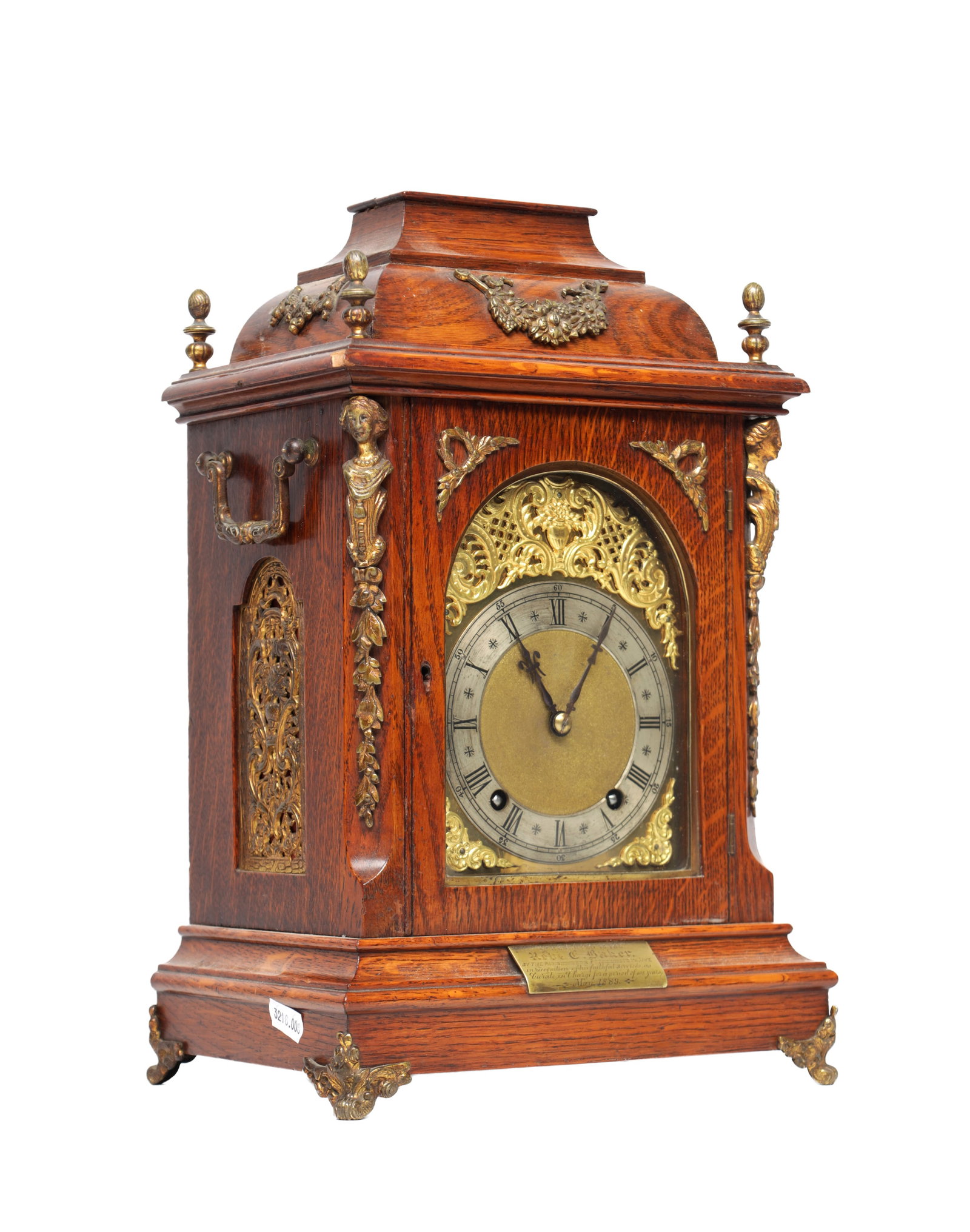 A LATE 19TH CENTURY GERMAN OAK AND ORMOLU MOUNTED QUARTER CHIMING BRACKET CLOCK (1 of 8)