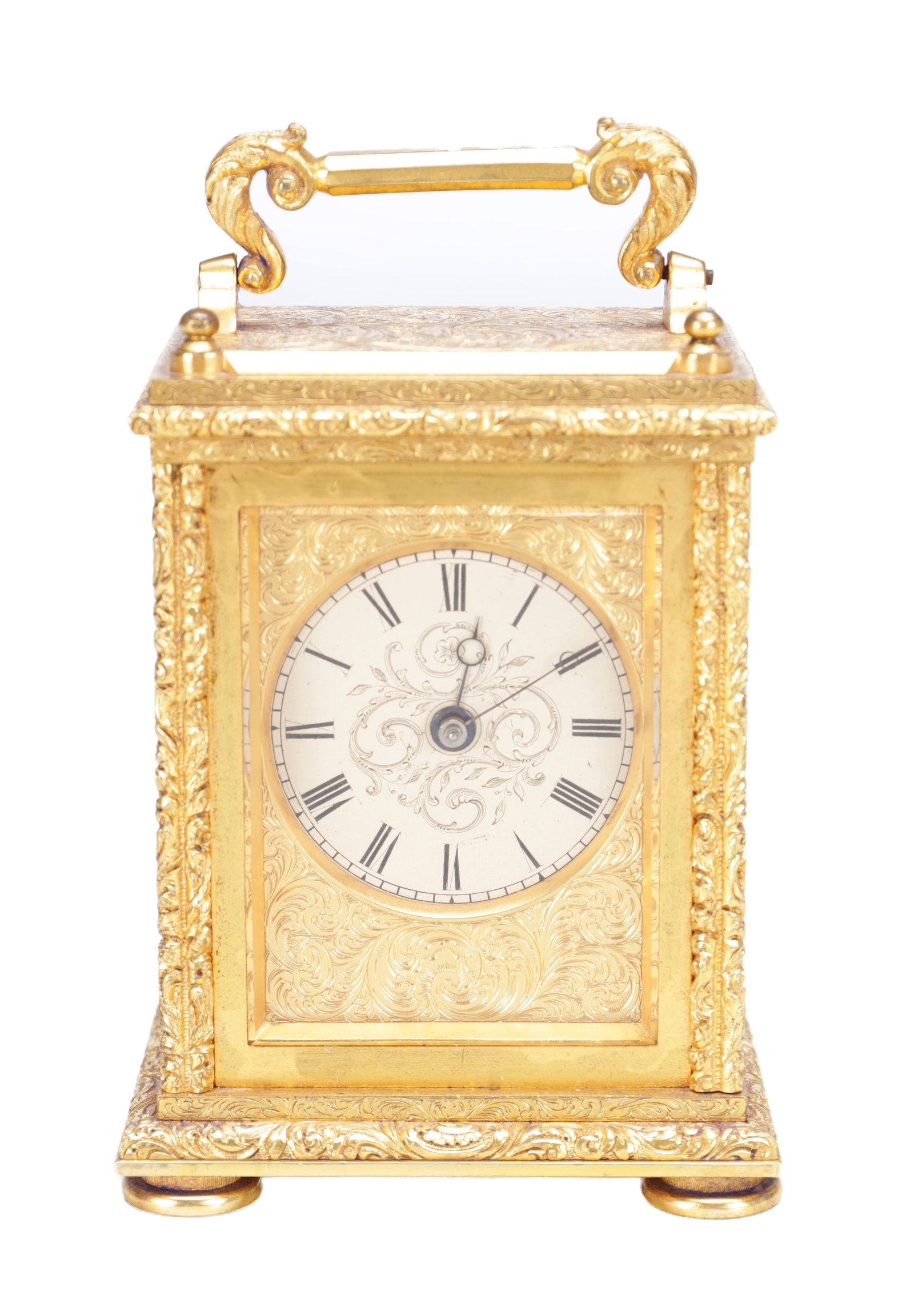 A FINE MID 19TH CENTURY ENGLISH GILT BRASS FUSEE CARRIAGE CLOCK TIMEPIECE (1 of 12)