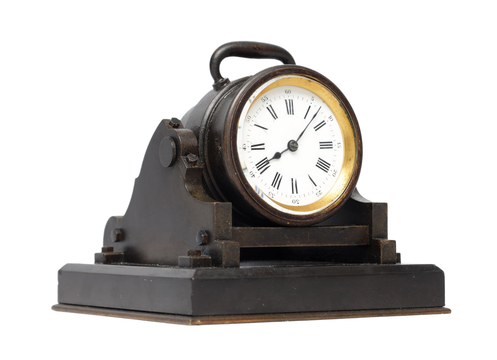 A 19TH CENTURY FRENCH INDUSTRIAL DESK CLOCK IN THE FORM OF A MORTAR GUN: A 19TH CENTURY FRENCH INDUSTRIAL DESK CLOCK IN THE FORM OF A MORTAR GUN with eight-day movement with balance escapement, white enamel Roman dial within a gilt bezel, mounted on a marble base. (14cm sq