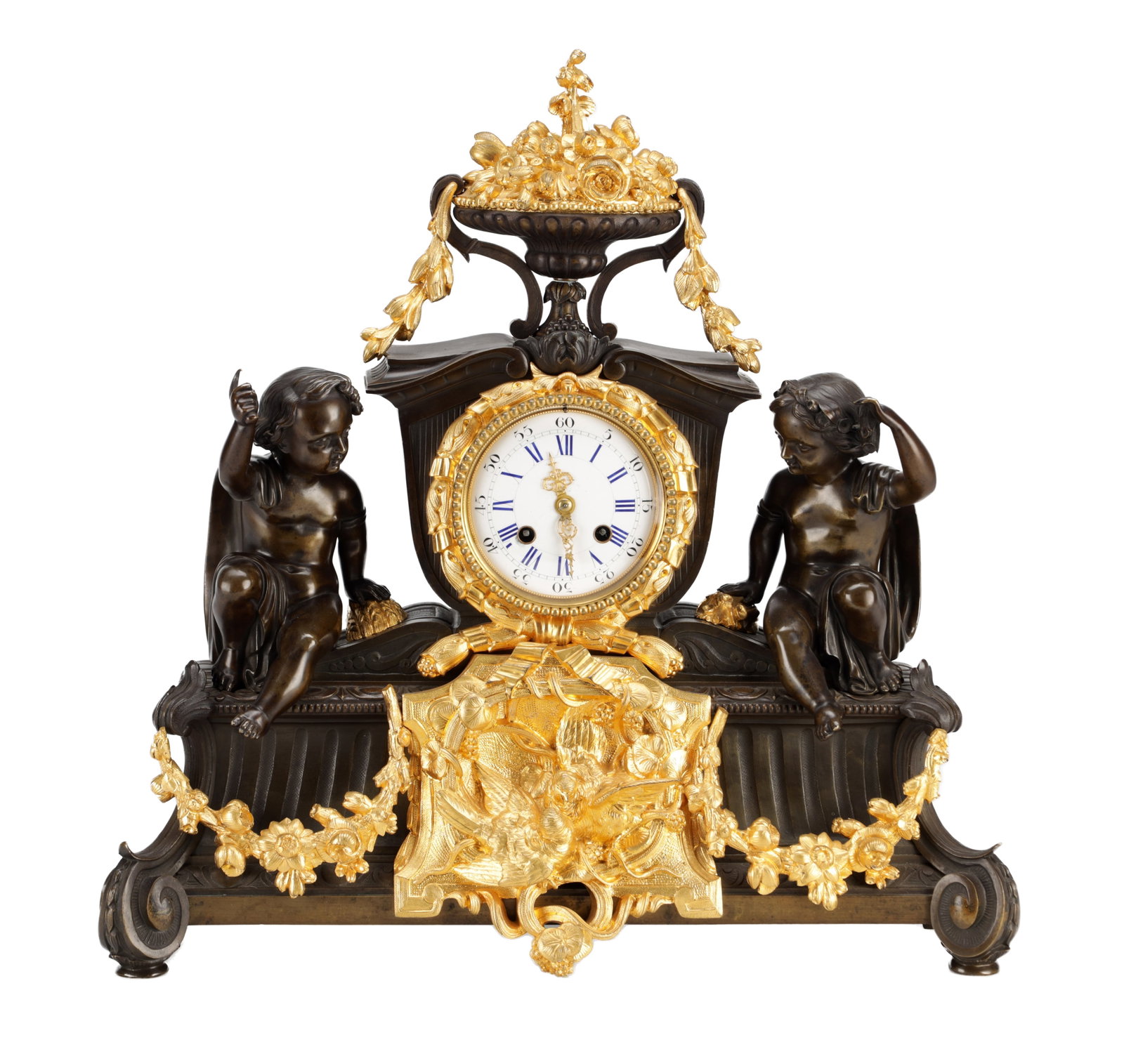 GUYENOT, PARIS. A 19TH CENTURY FRENCH PATINATED BRONZE AND ORMOLU FIGURAL MANTEL CLOCK (1 of 10)