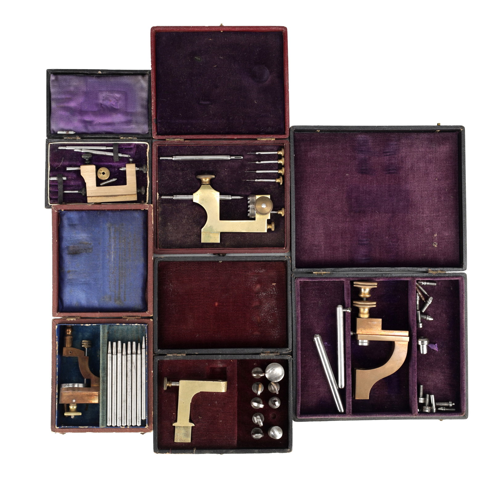 A COLLECTION OF FIVE CASED WATCHMAKERS' PIVOTING TOOLS (1 of 5)