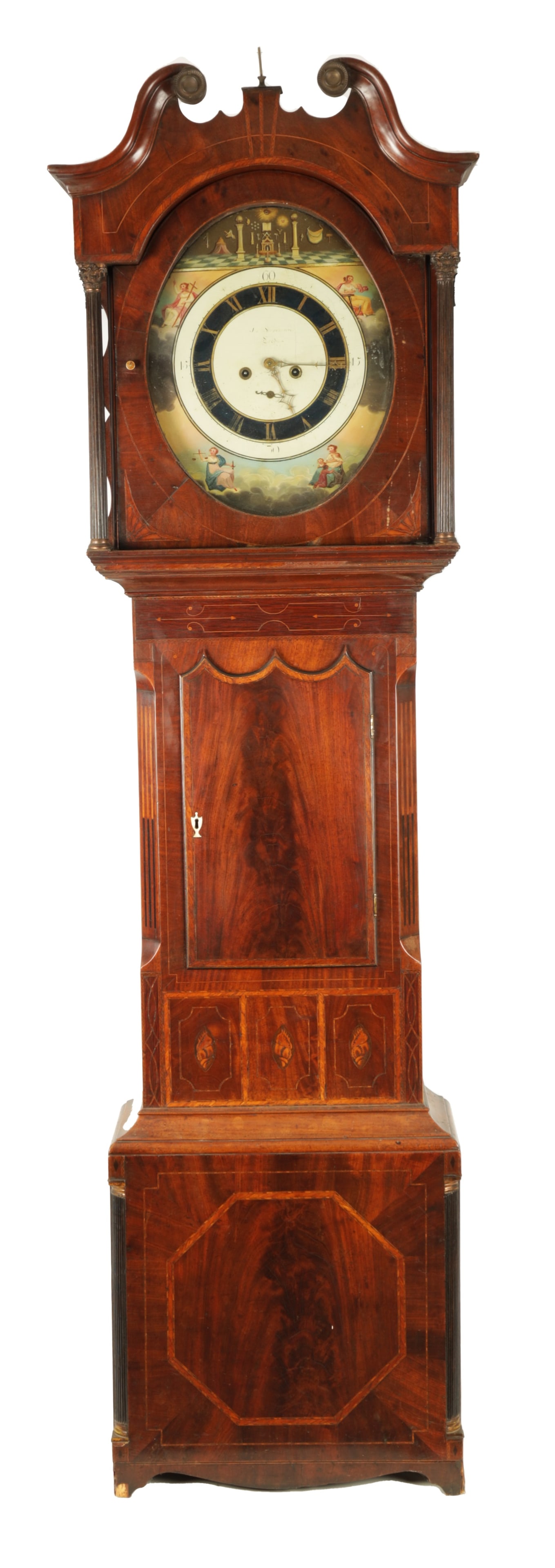 JON SANDERSON, LEEDS. AN EARLY 19TH CENTURY MASONIC OVAL DIAL LONGCASE CLOCK (1 of 10)