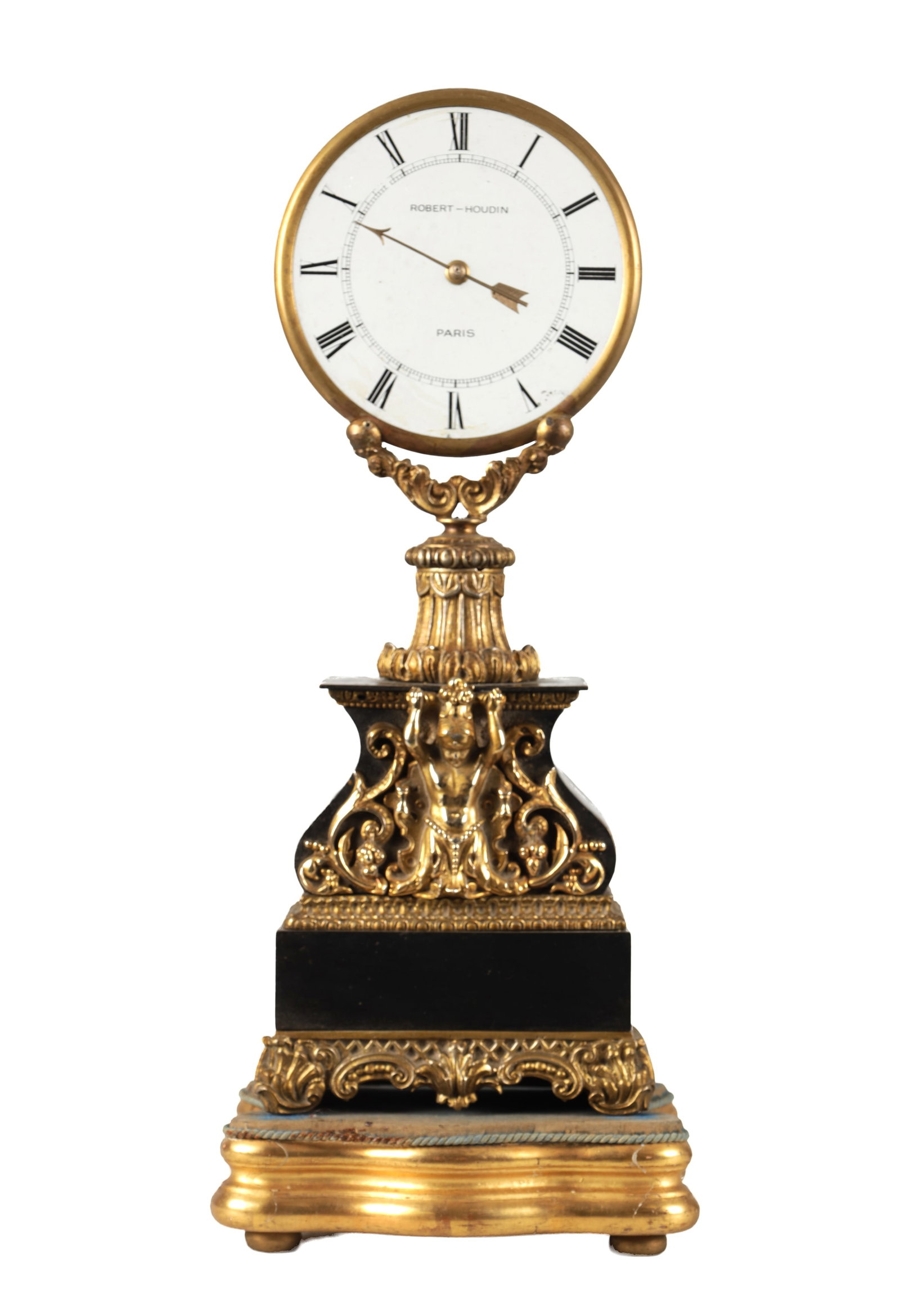 JEAN EUGENE ROBERT-HOUDIN, PARIS. A RARE LATE 19TH CENTURY ORMOLU AND PATINATED BRONZE MYSTERY CLOCK: JEAN EUGENE ROBERT-HOUDIN, PARIS. A RARE LATE 19TH CENTURY ORMOLU AND PATINATED BRONZE MYSTERY CLOCK with gilt bezel enclosing a circular glass Roman dial signed "ROBERT-HOUDIN PARIS" and fitted with 