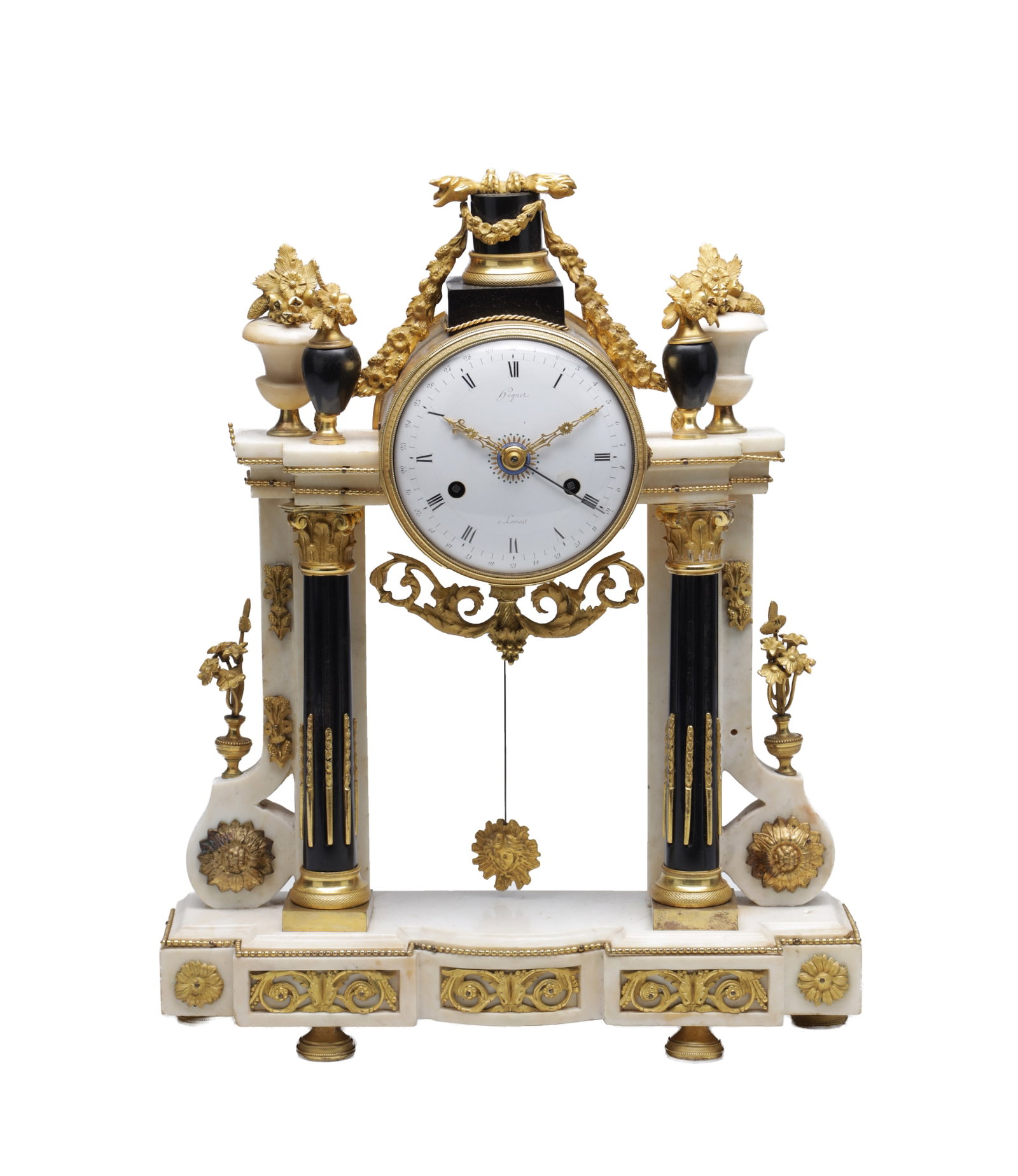 A 19TH CENTURY FRENCH WHITE MARBLE AND ORMOLU PORTICO MANTEL CLOCK WITH MONTH GOING MOVEMENT (1 of 16)
