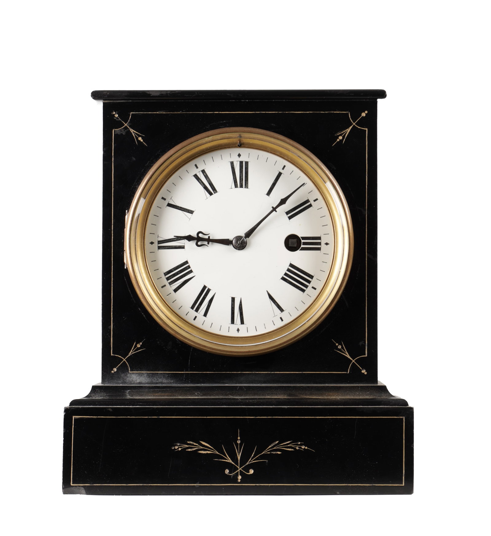 AN UNUSUAL 19TH CENTURY FRENCH SLATE MANTEL CLOCK WITH SIX-MONTH DURATION SPRING-DRIVEN MOVEMENT: AN UNUSUAL 19TH CENTURY FRENCH SLATE MANTEL CLOCK WITH SIX-MONTH DURATION SPRING-DRIVEN MOVEMENT having a white enamel Roman numeral dial with steel hands within a gilt brass bezel, the rectangular bl