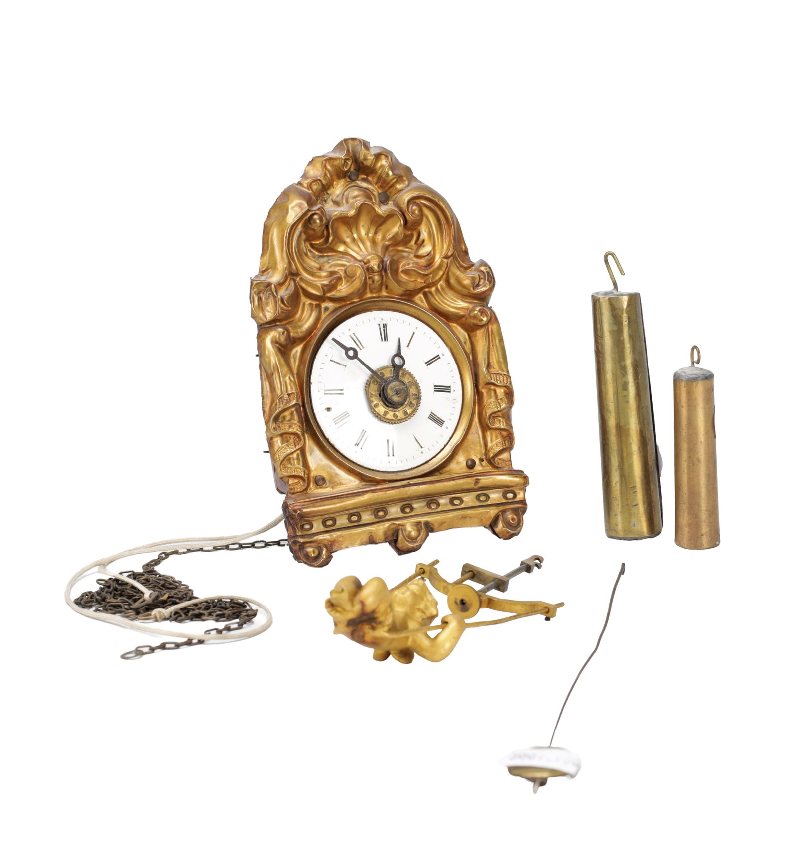 A MINIATURE GERMAN BLACK FOREST EMBOSSED BRASS FRONT WEIGHT DRIVEN WALL ALARM CLOCK (1 of 6)
