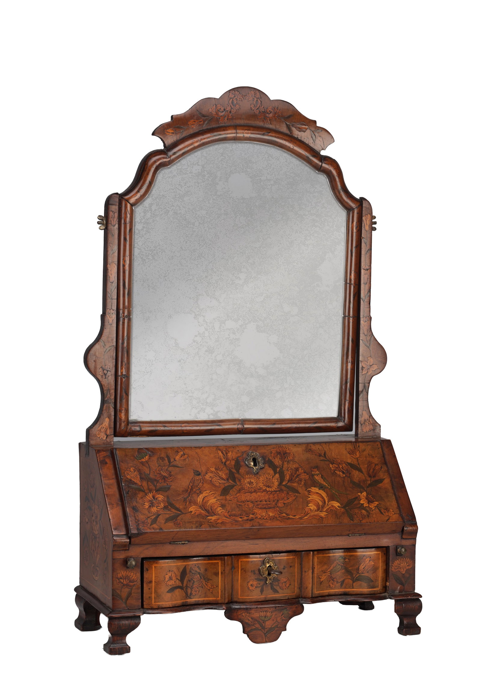 AN 18TH CENTURY DUTCH WALNUT AND MARQUETRY TOILET MIRROR WITH FALL-FRONT AND DRAWERS (1 of 8)