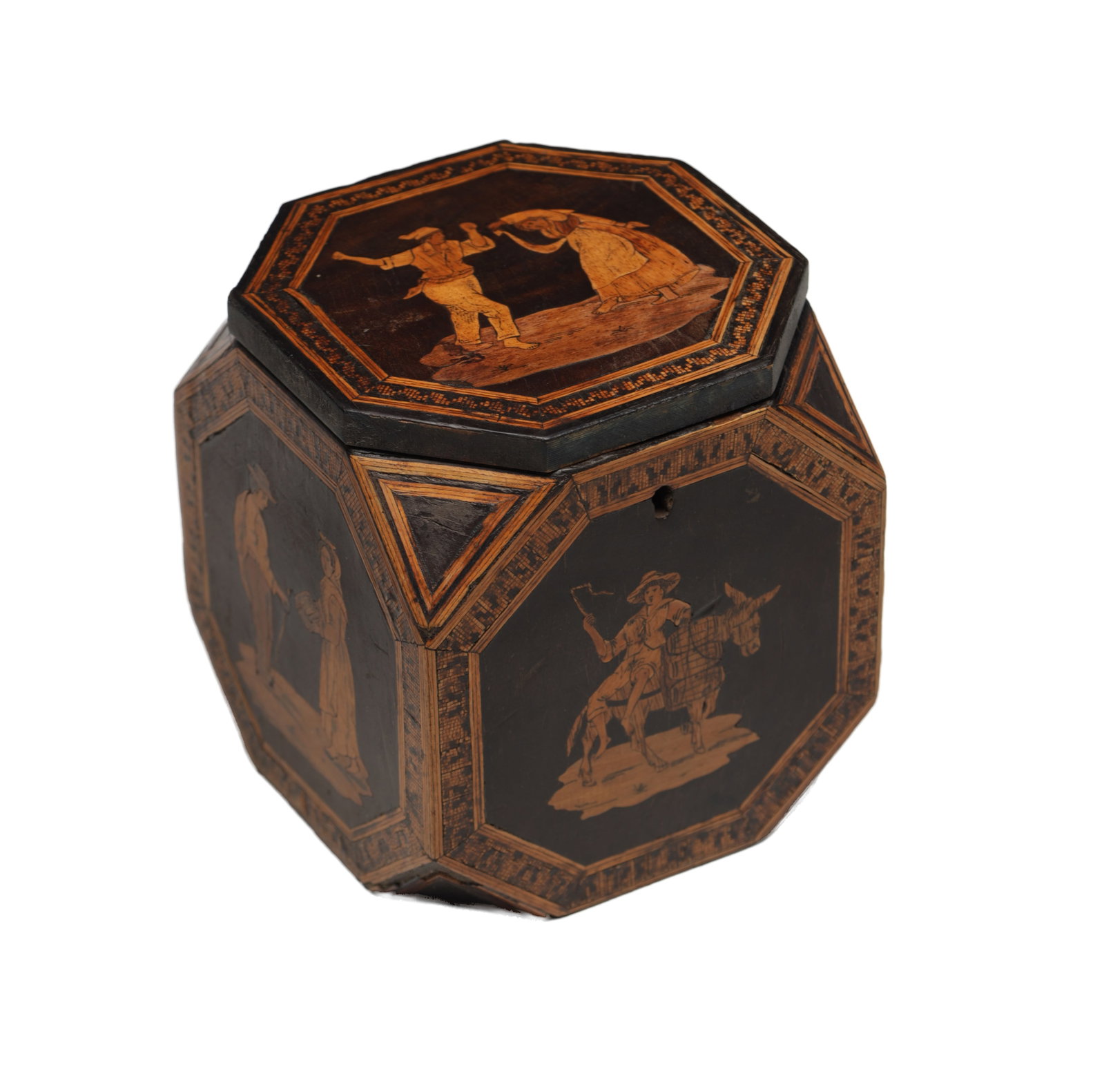 A 19TH CENTURY SORRENTO WARE MARQUETRY OCTAGONAL TEA CADDY (1 of 6)