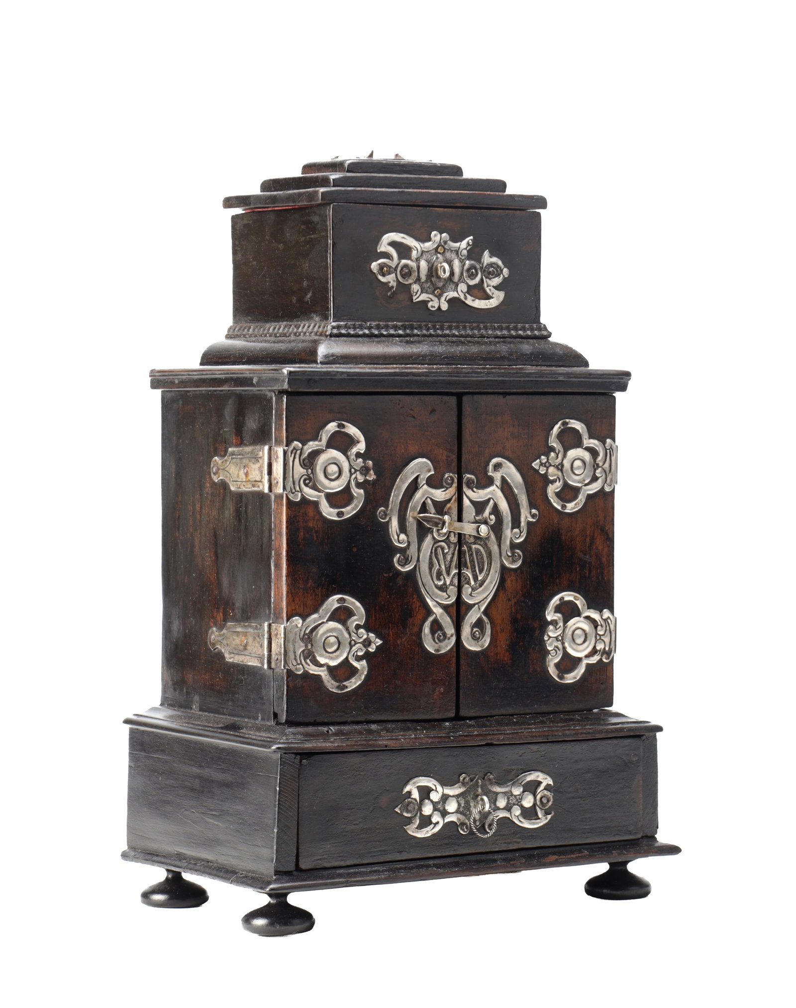 AN EARLY 18TH CENTURY EBONISED WOOD AND SILVER MOUNTED JEWELLERY CABINET (1 of 11)