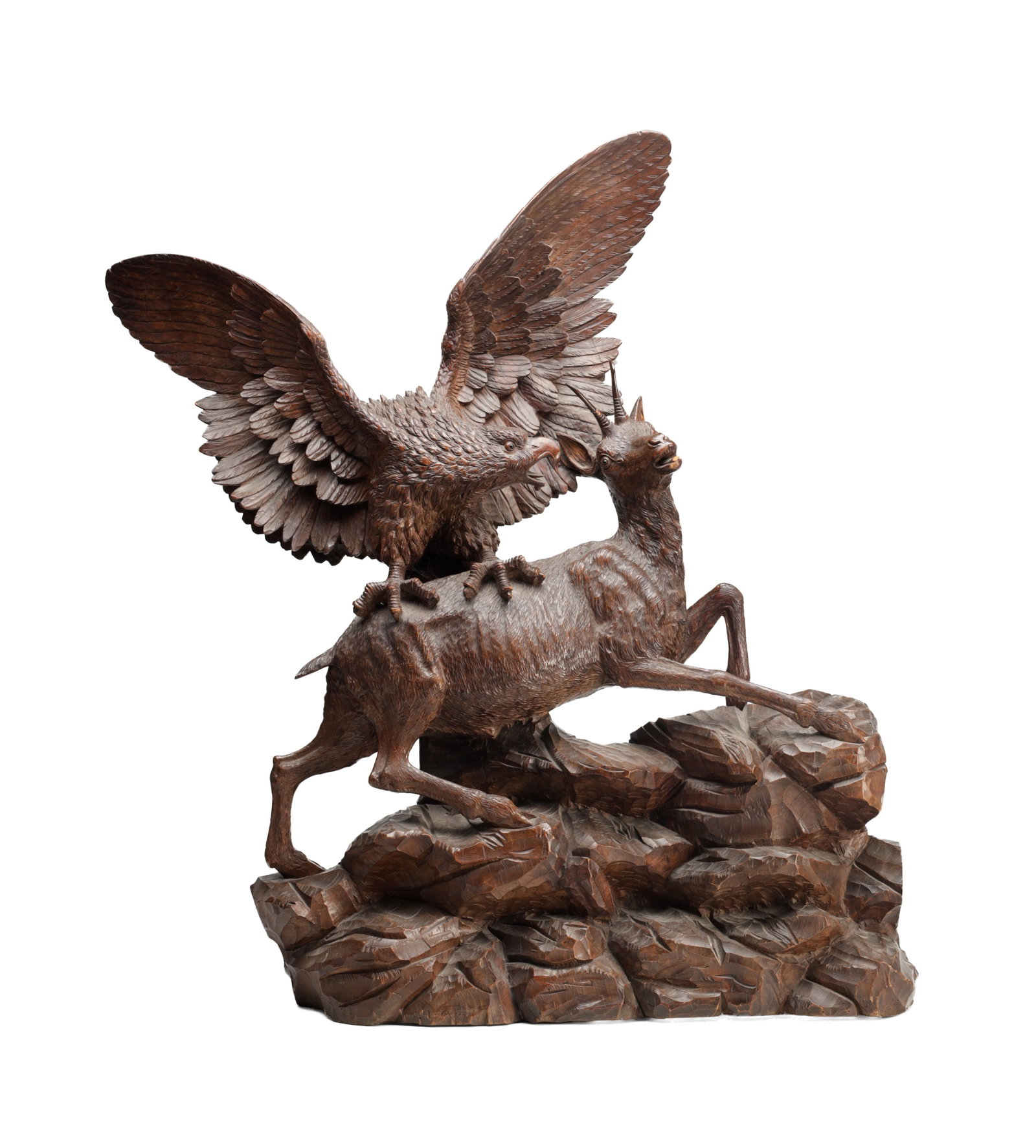 A LARGE AND IMPRESSIVE BLACK FOREST CARVED WOOD GROUP OF AN EAGLE ATTACKING A CHAMOIS (1 of 8)