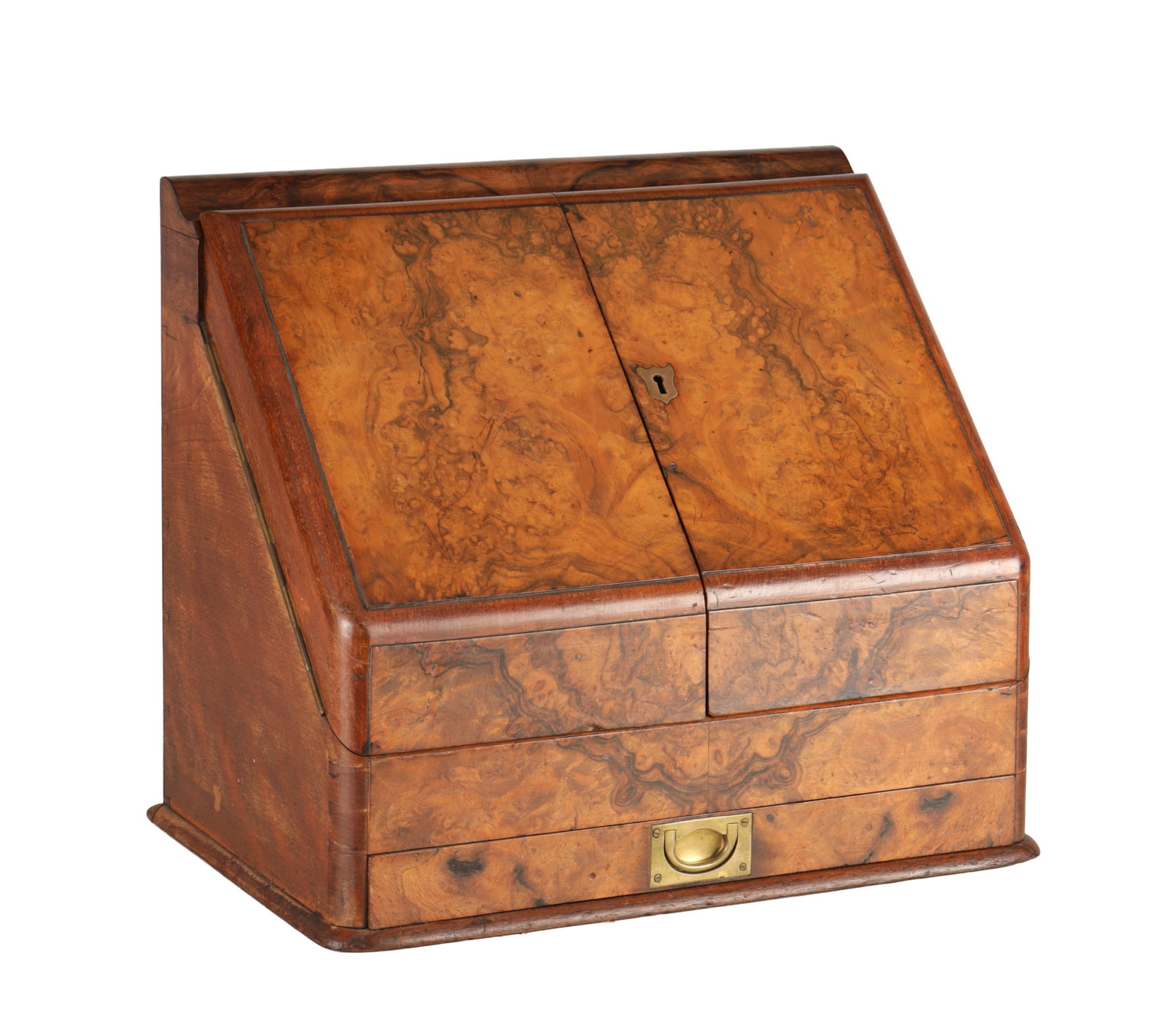 A VICTORIAN BURR WALNUT AND SATINWOOD SLOPE-FRONT STATIONERY BOX (1 of 5)